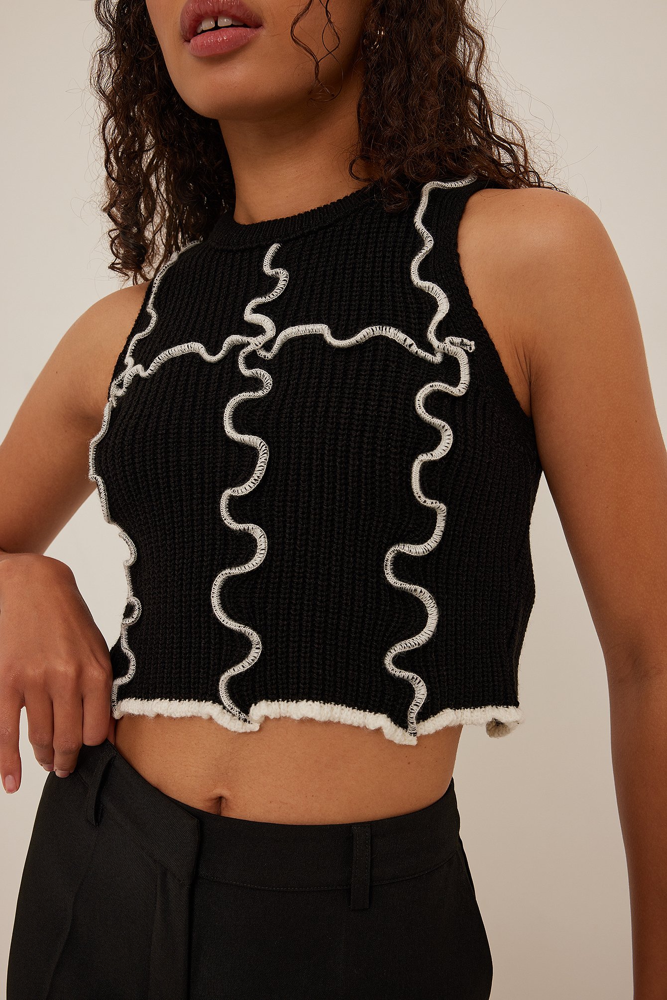 Knitted Contrast Seam Top Black