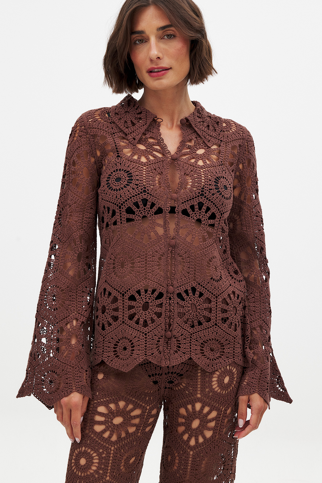 Knitted Crochet Long Sleeve Top - Summer Sets - Brown - S - NA-KD / NAKD