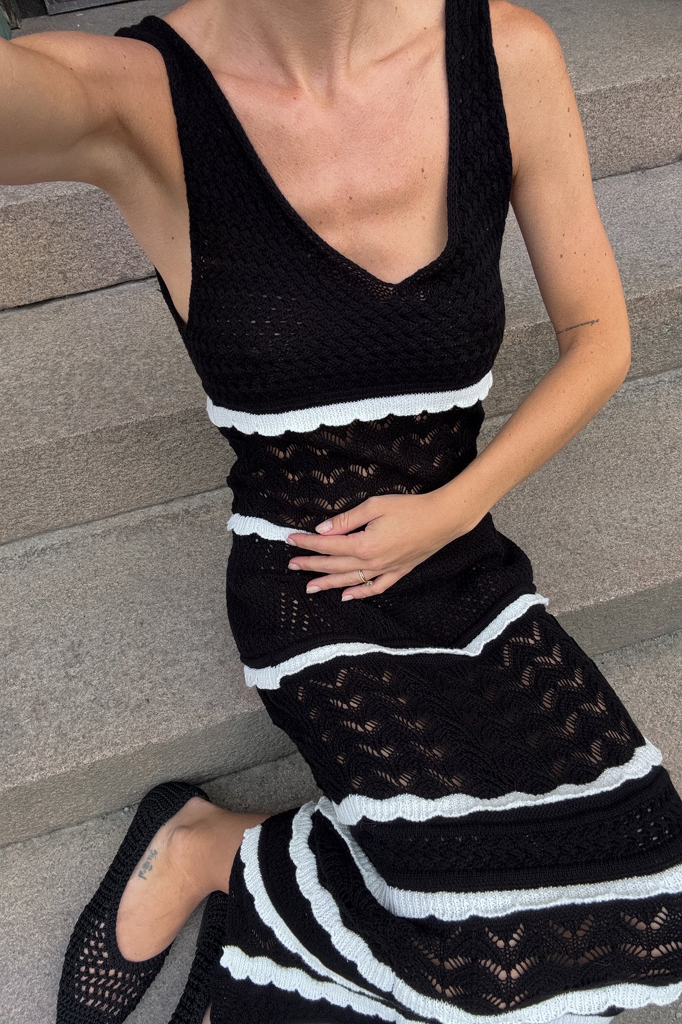 NA-KD Knitted Crochet Maxi Dress - Knitted Dresses - Stripe - S (EU 34-36) - NA-KD / NAKD