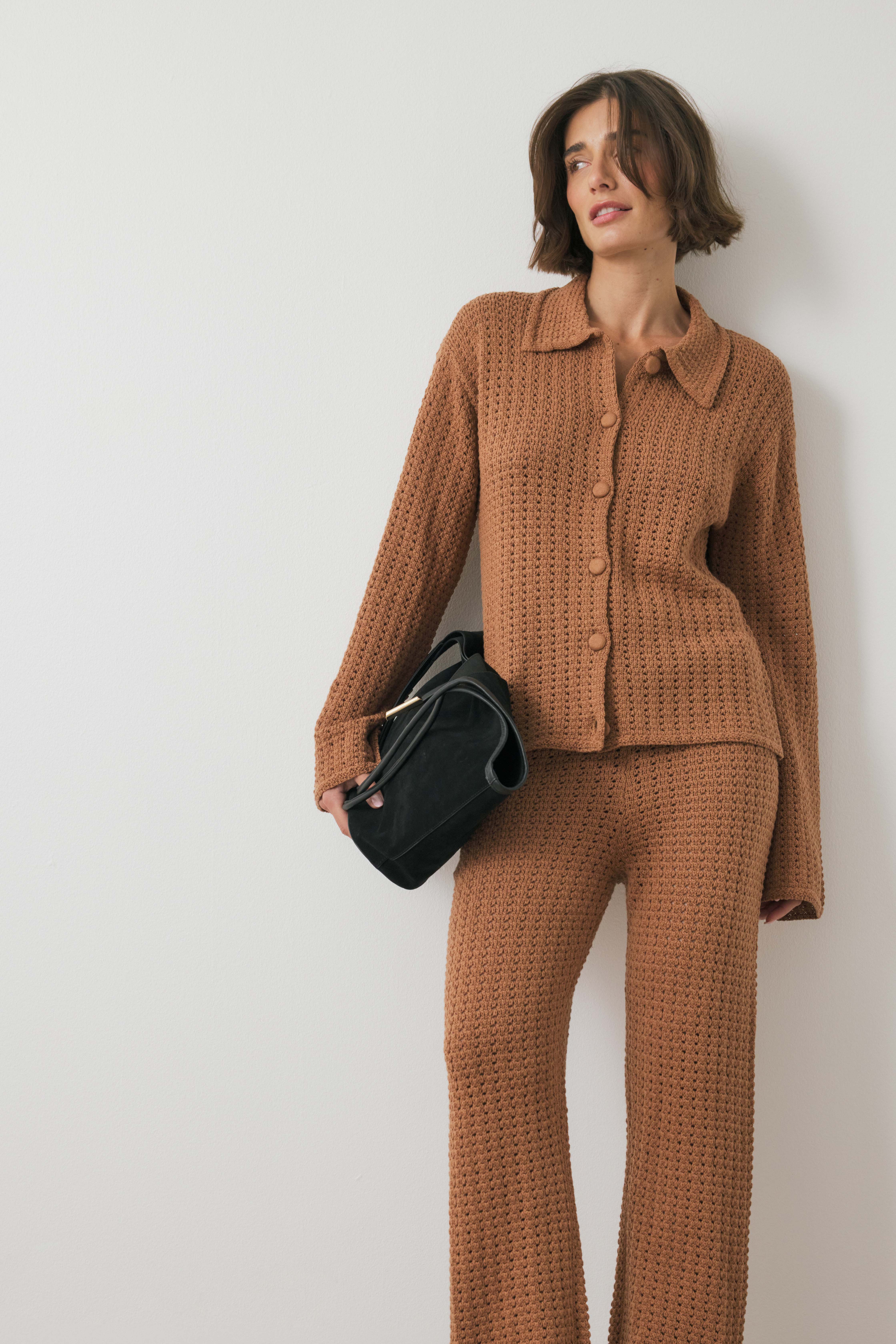NA-KD Knitted Crochet Shirt - Summer Clothing - Brown - XS (EU 32) - NA-KD / NAKD