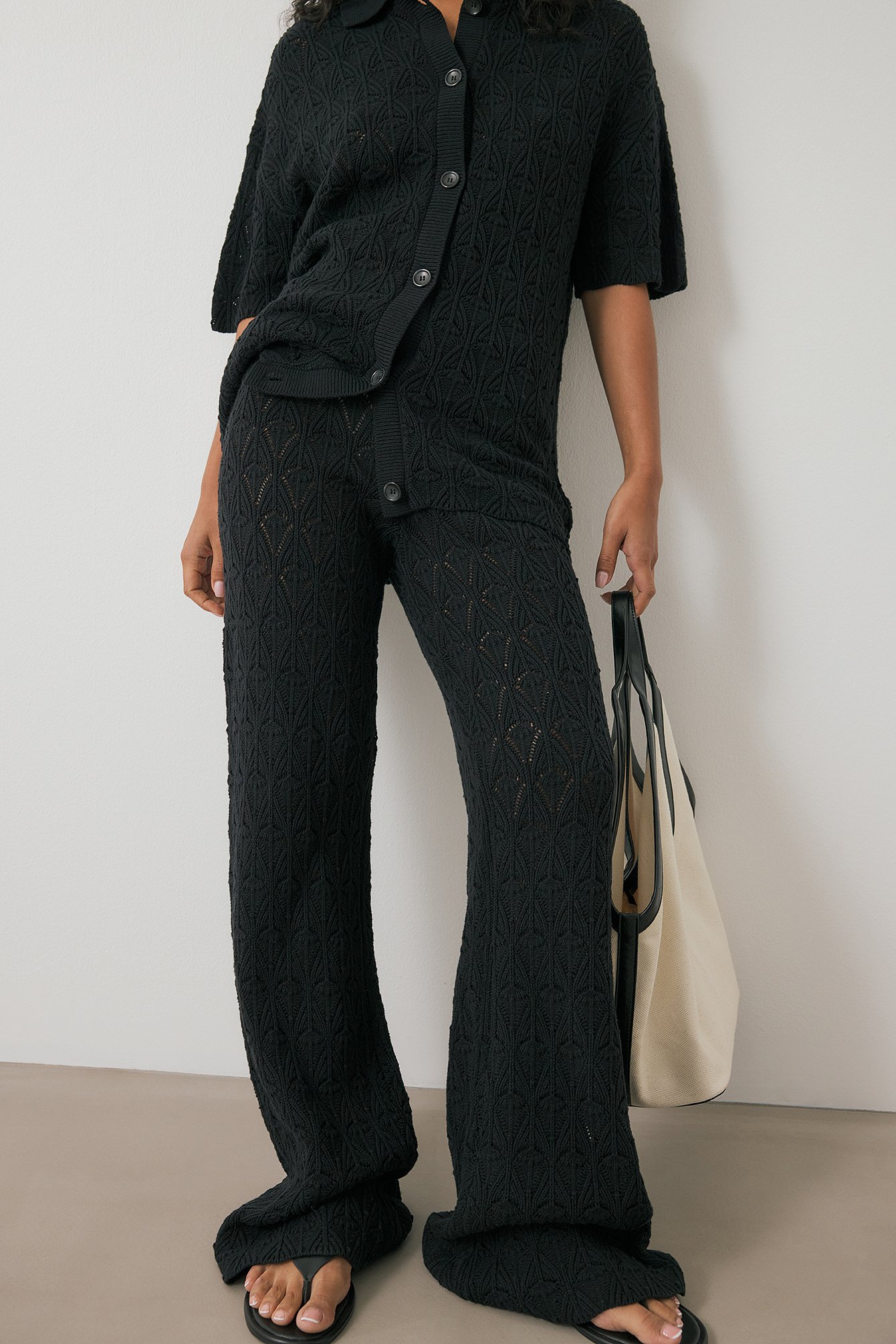 NA-KD Knitted Crochet Trousers - Knitted Pants - Black - XL (EU 46) - NA-KD / NAKD