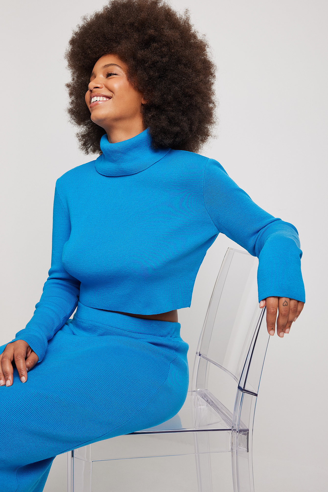 Blue Knitted Cropped Turtle Neck Sweater