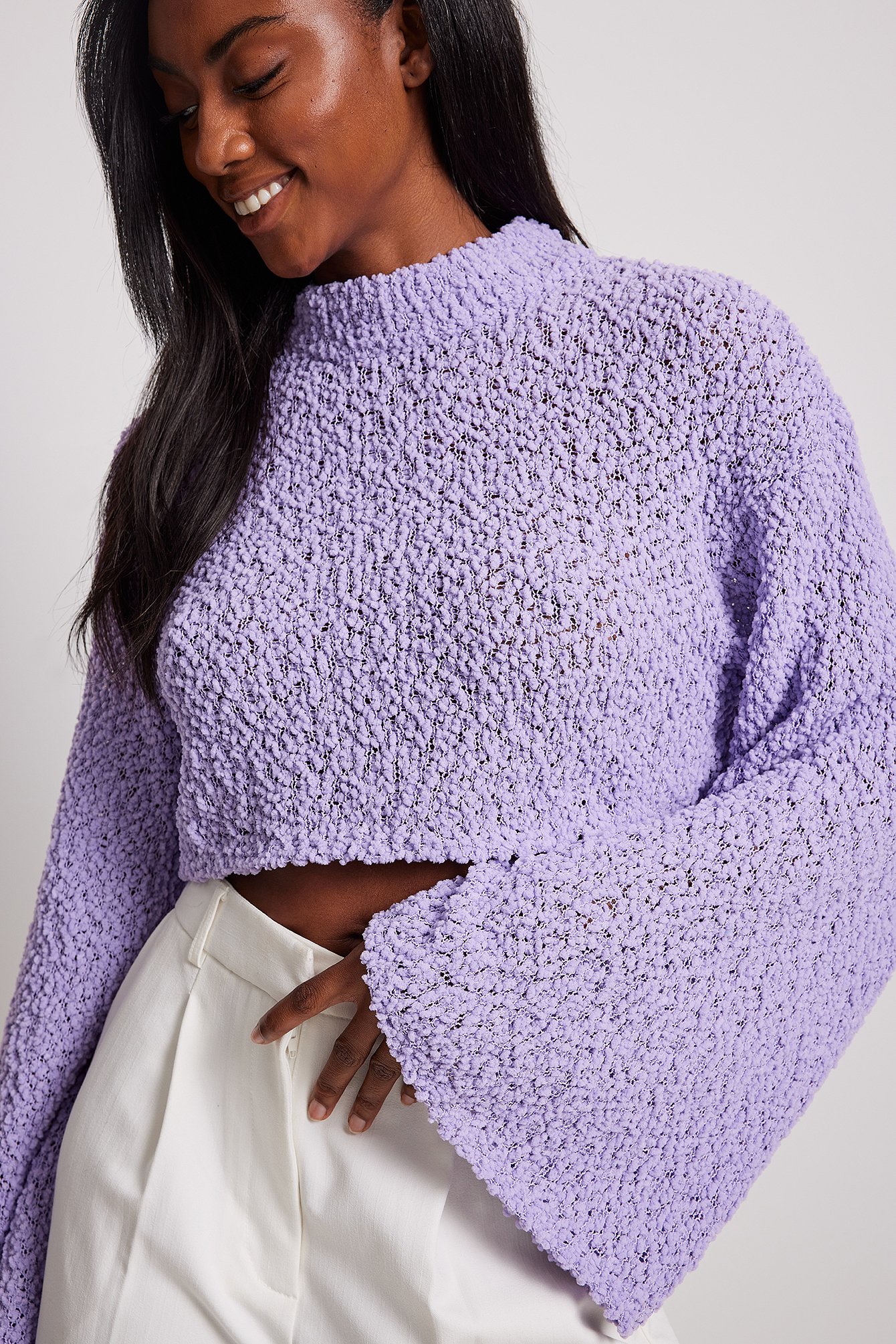 NA-KD Knitted Cropped Wide Sleeve Sweater - Purple