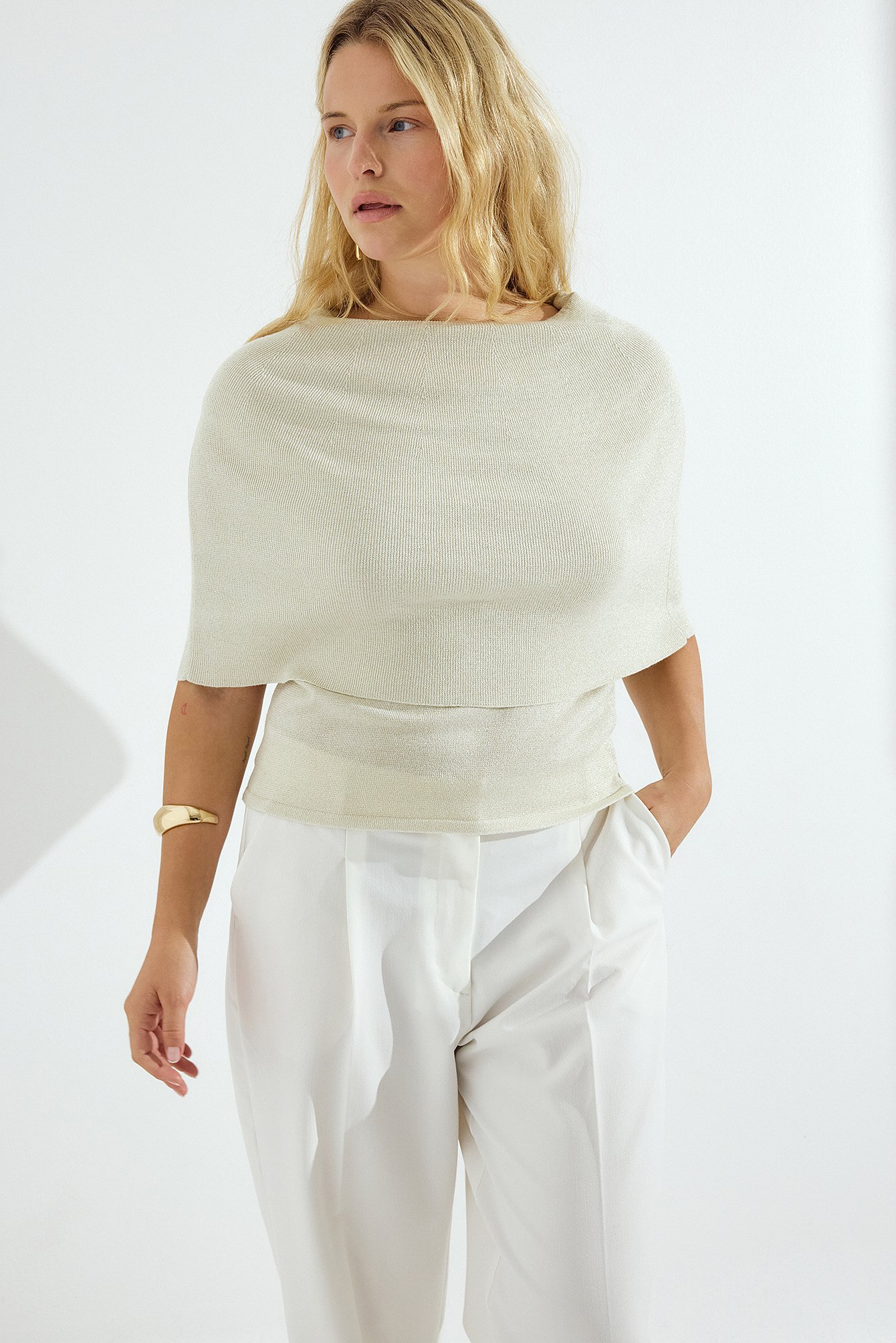 NA-KD Knitted Draped Lurex Top - Party Tops - Offwhite - XL (EU 46) - NA-KD / NAKD