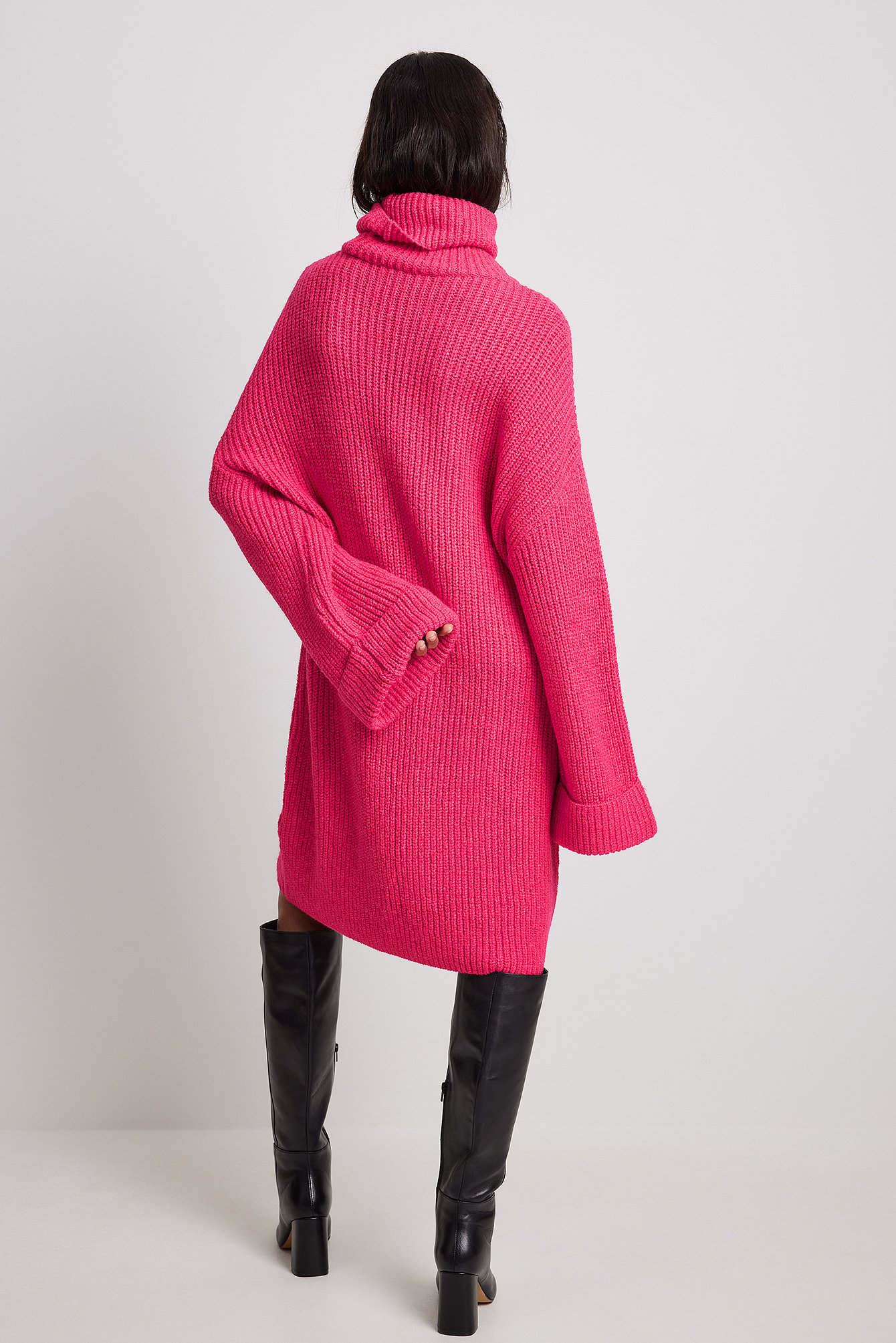 Pink Knitted Folded Sleeve Turtle Neck Long Sweater