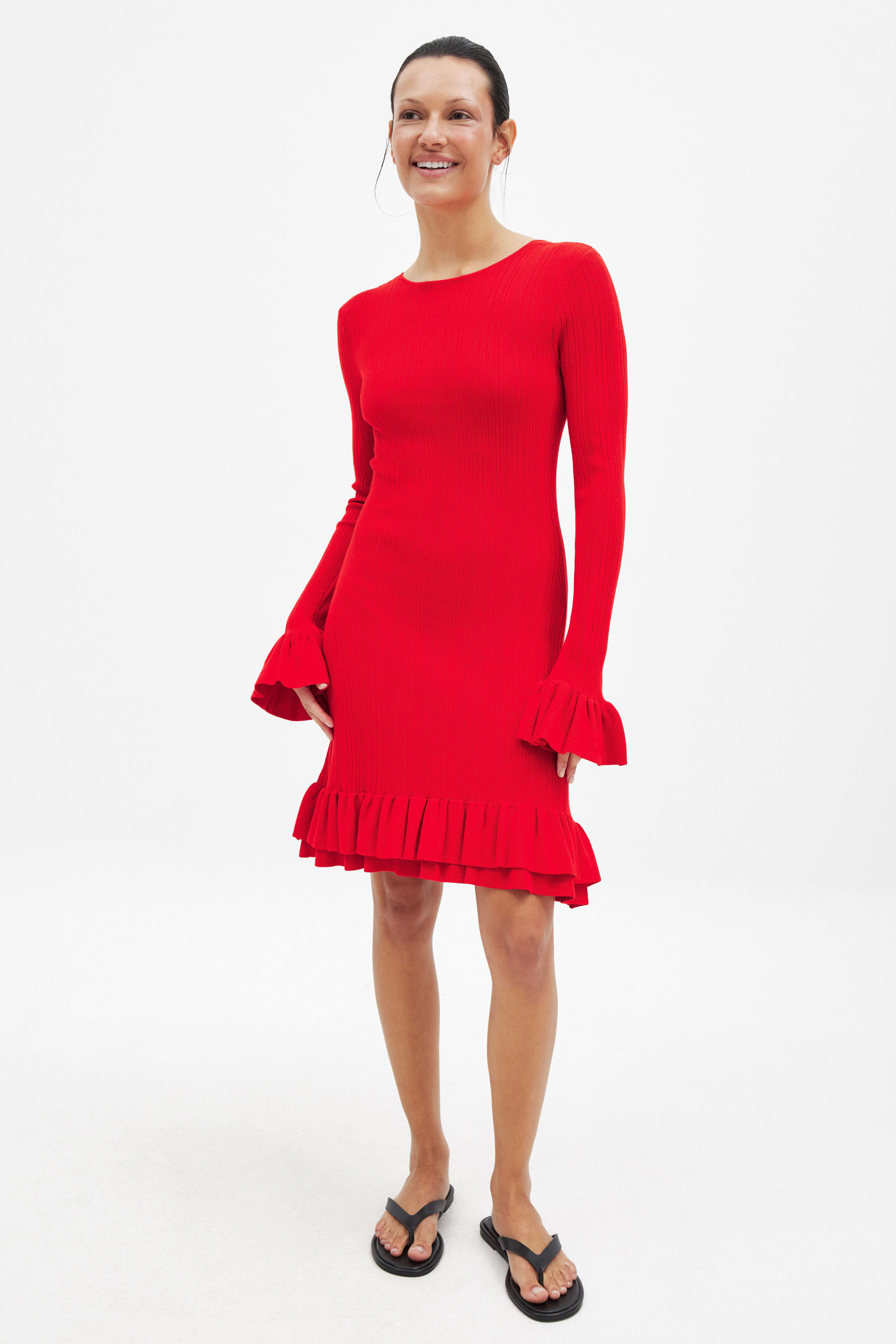 NA-KD Knitted Frill Detail Mini Dress - Knitted Dresses - Red - S (EU 34-36) - NA-KD / NAKD