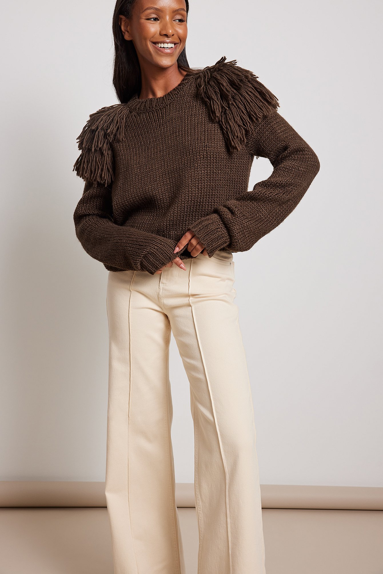Brown Knitted Fringe Detail Sweater
