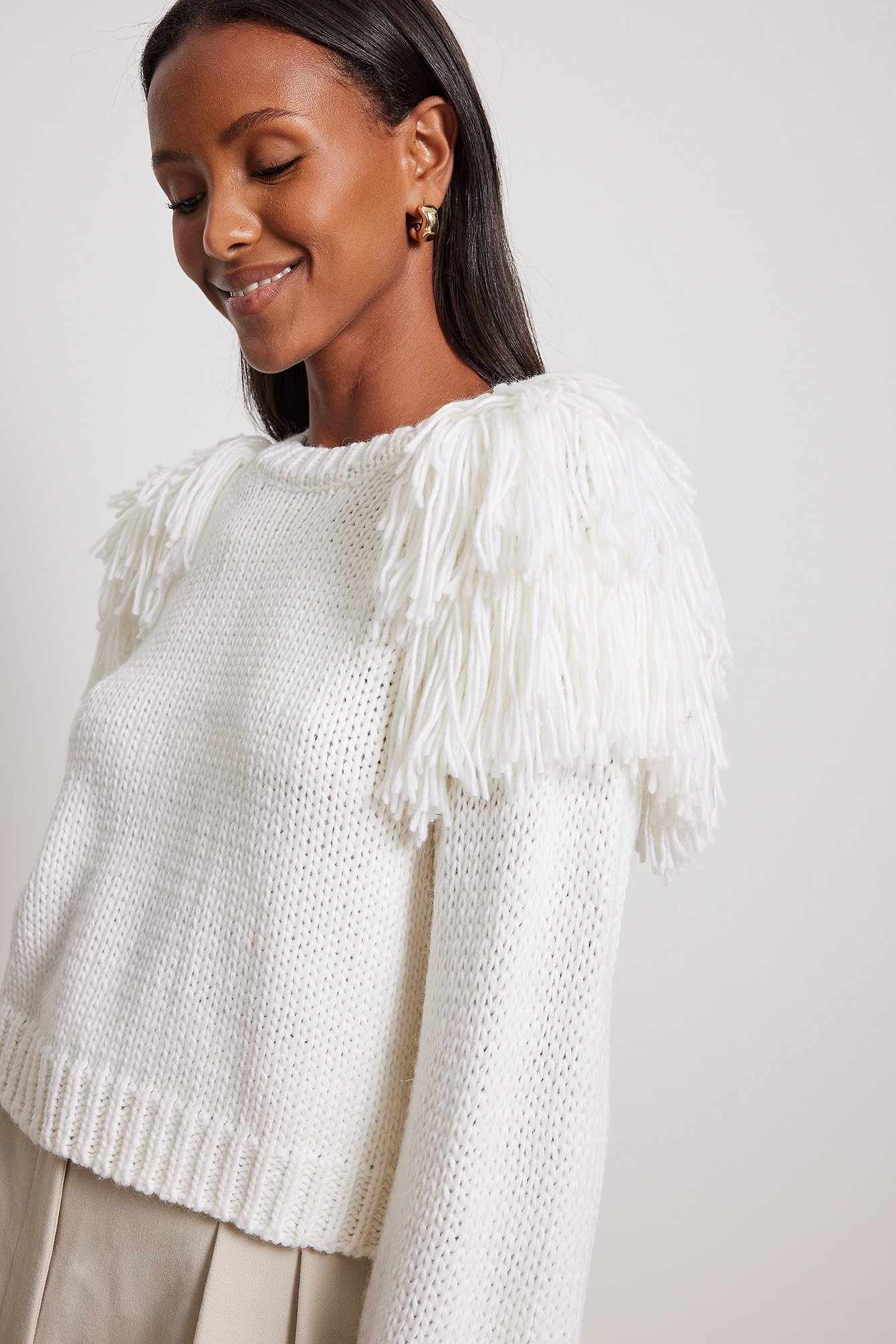 Offwhite Knitted Fringe Detail Sweater