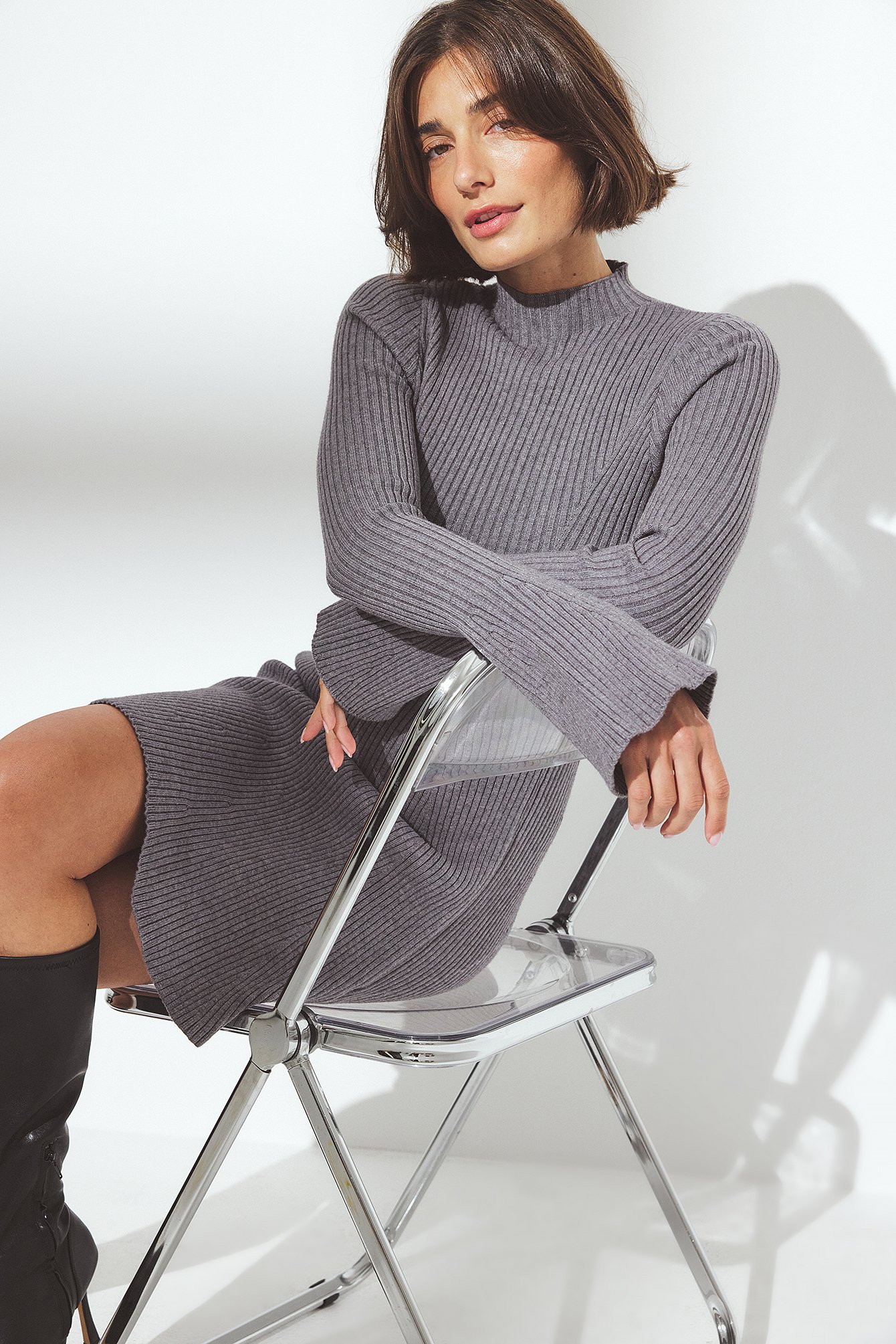 Knitted High Neck Flowy Mini Dress - Fall Dresses - Grey - S Knitted High Neck Flowy Mini Dress - Fall Dresses - Grey - S