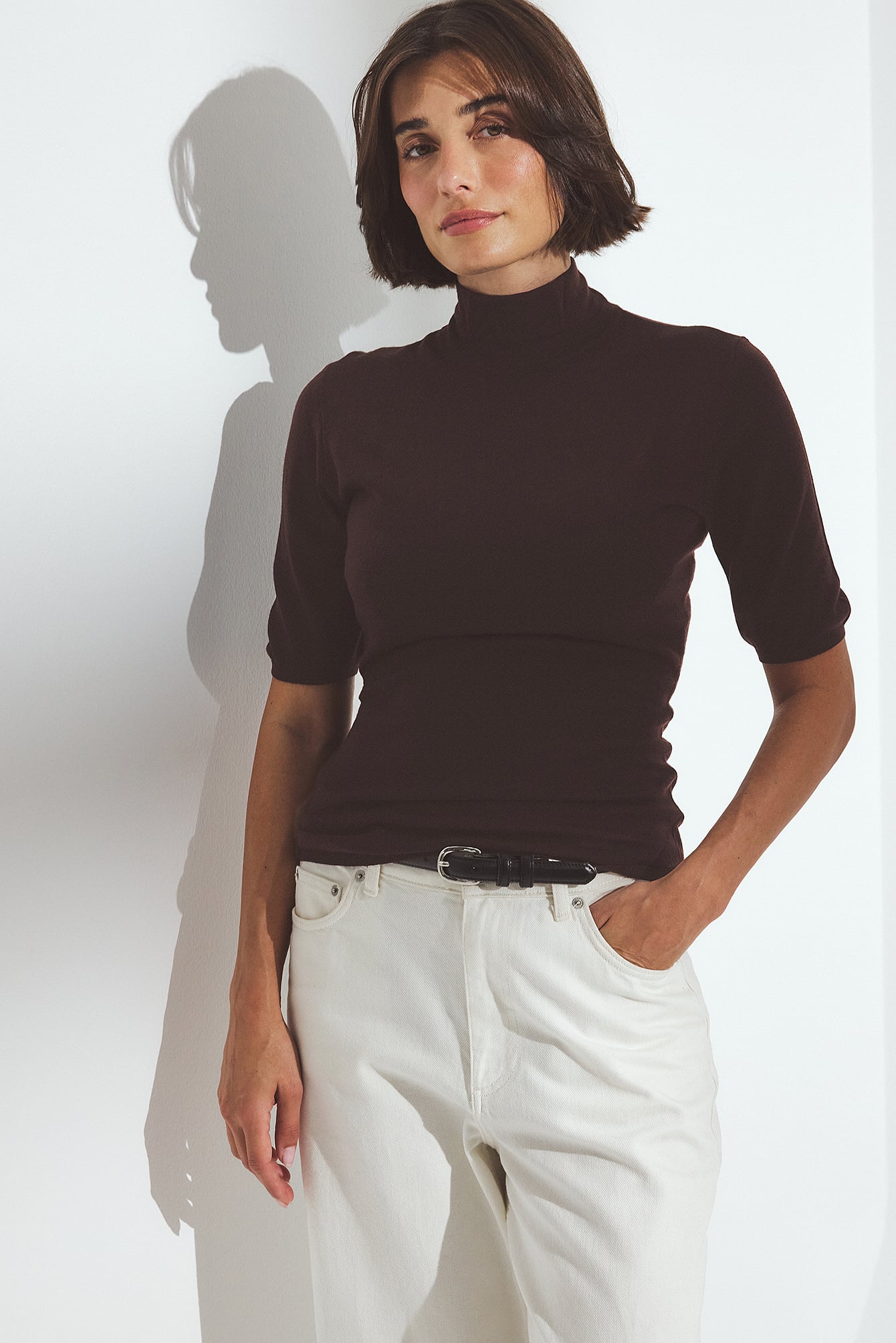 Premium Selection - Strikket topp i merinoull med korte ermer - Premium kvalitet - Brun - L - NA-KD / NAKD