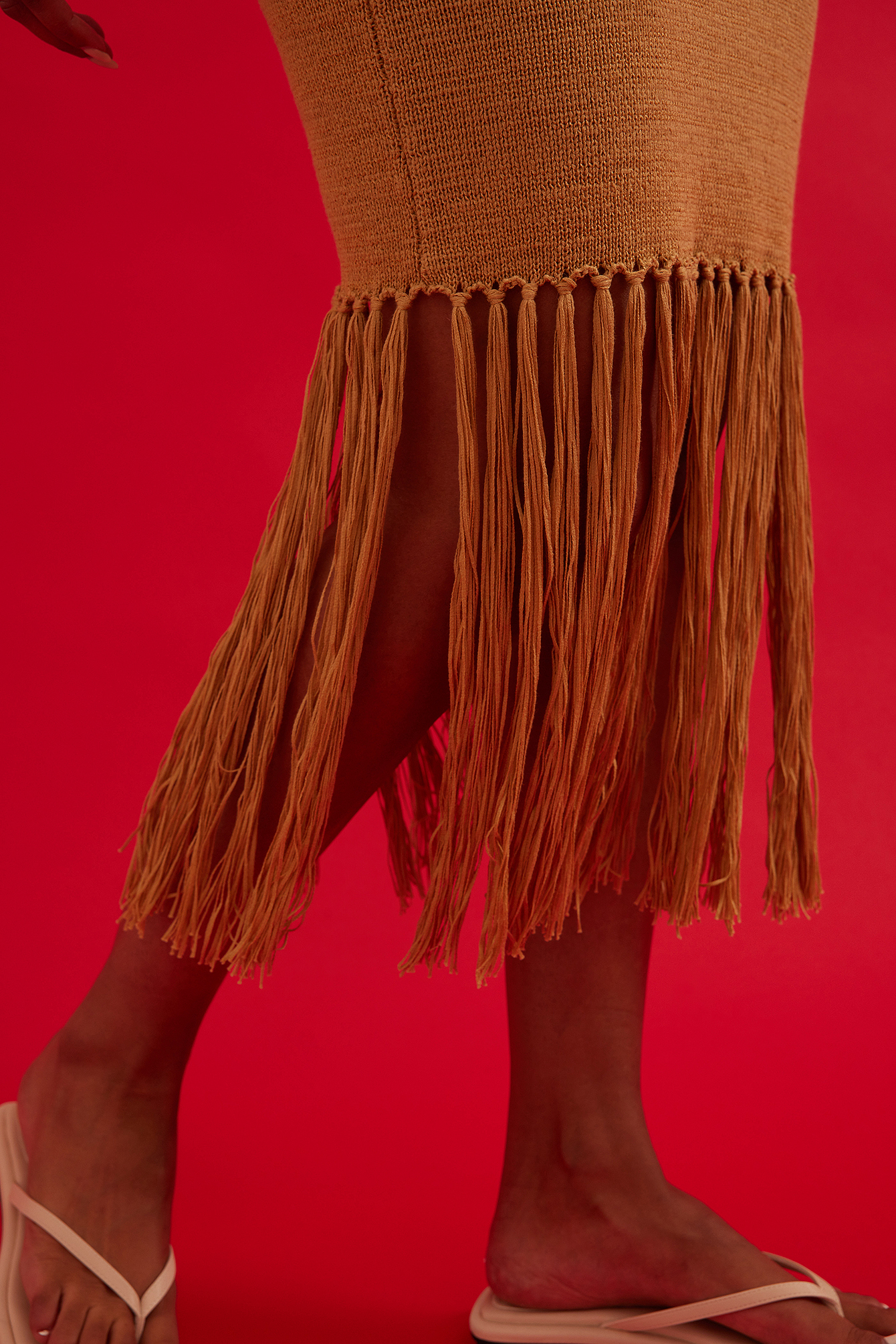 Knitted Midi Fringe Dress Beige