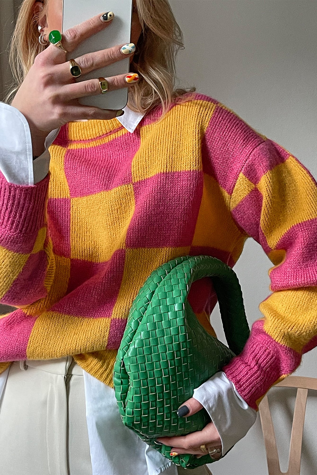 Orange/Pink Knitted Mock Neck Checkered Sweater