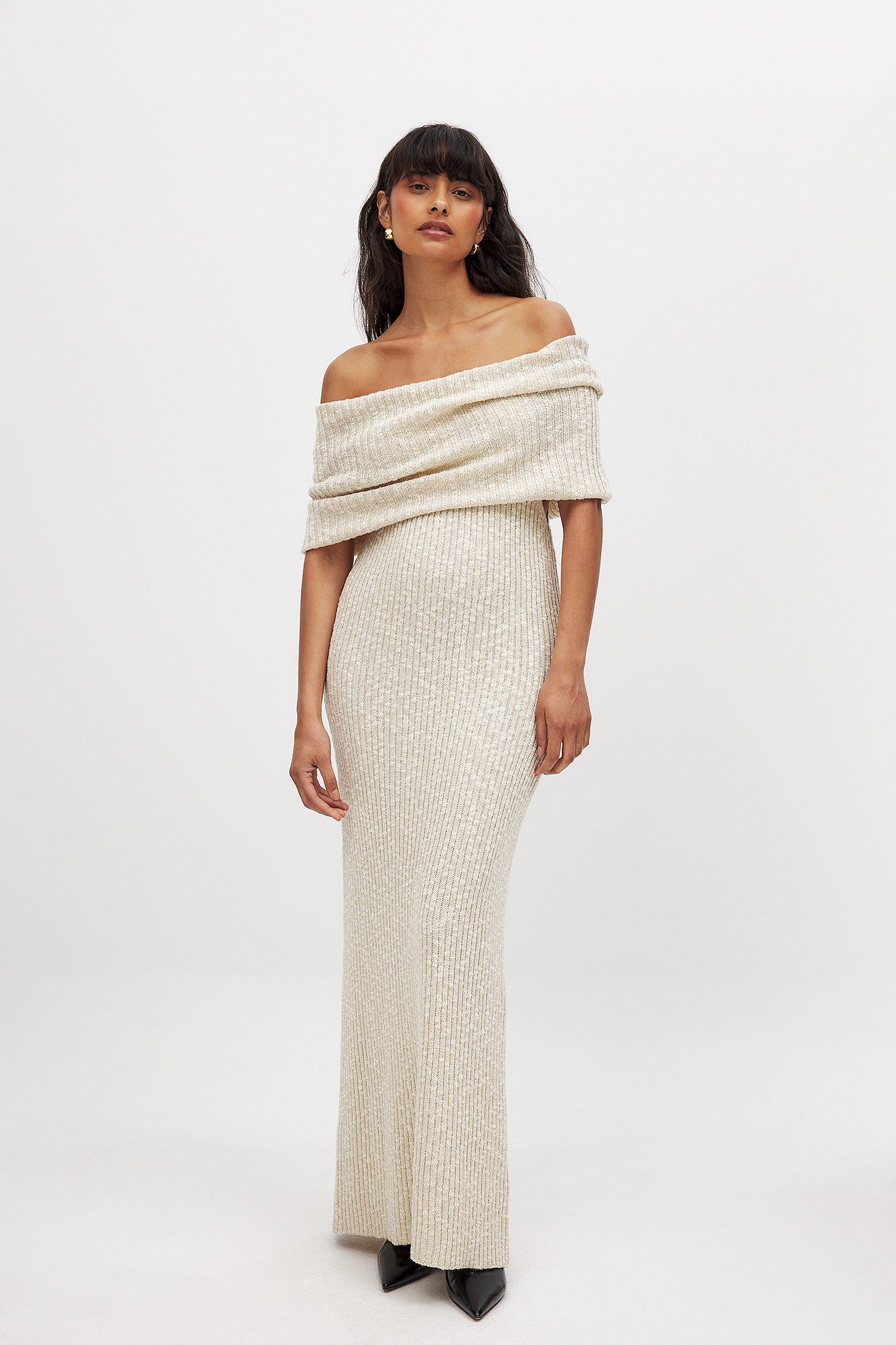Knitted Off Shoulder Maxi Dress Beige | NA-KD Knitted Off Shoulder Maxi Dress Beige | NA-KD