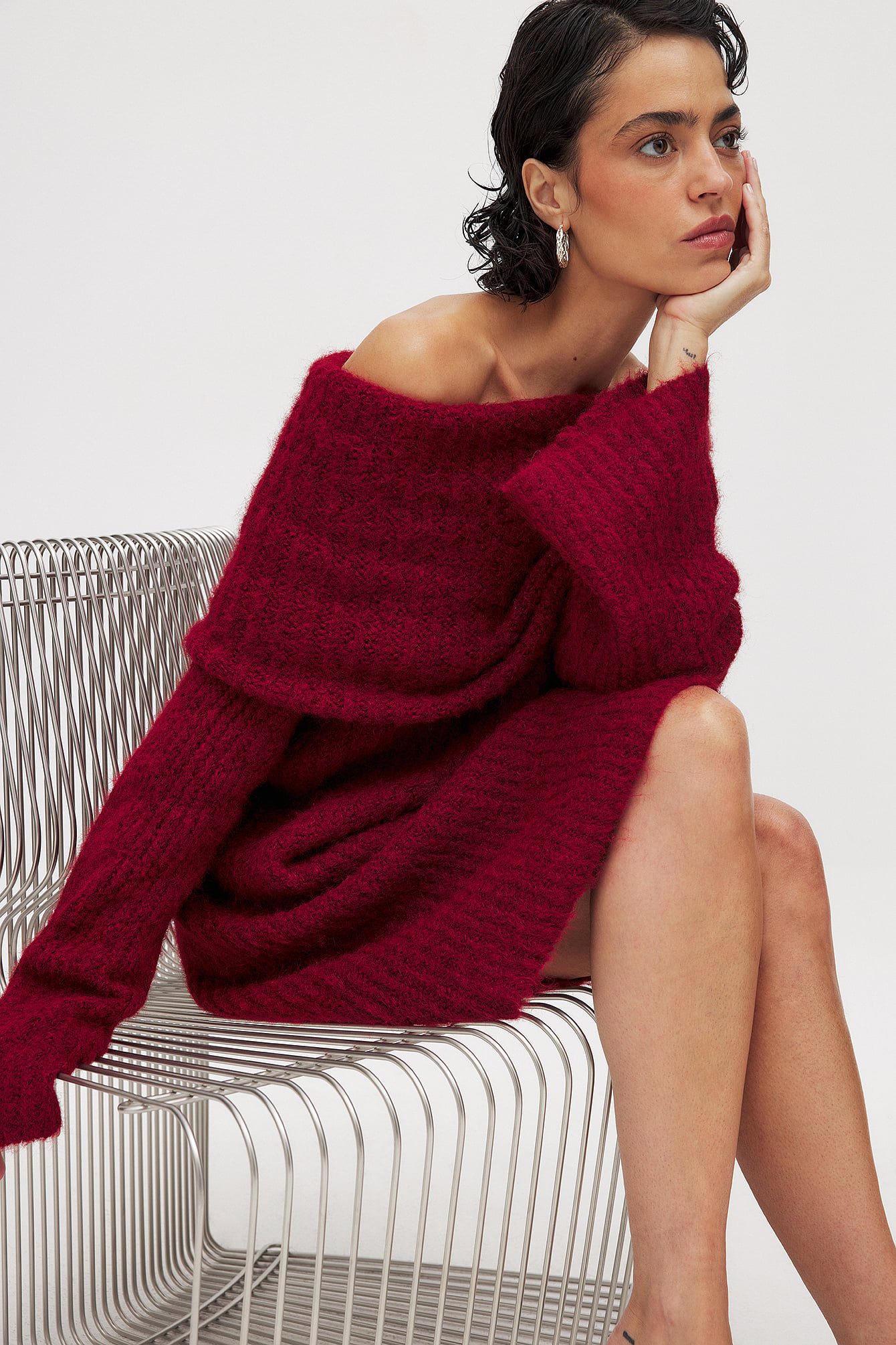 Léanne Ansar x NA-KD - Strikket minikjole med off-shoulder - Julekjoler - Rød - Large - NA-KD / NAKD