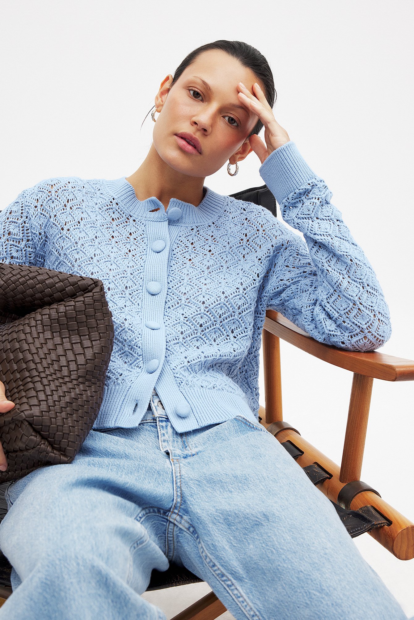NA-KD Stickad cardigan med pointelle - Koftor & Cardigans - Blå - S (EU 34-36) - NA-KD / NAKD