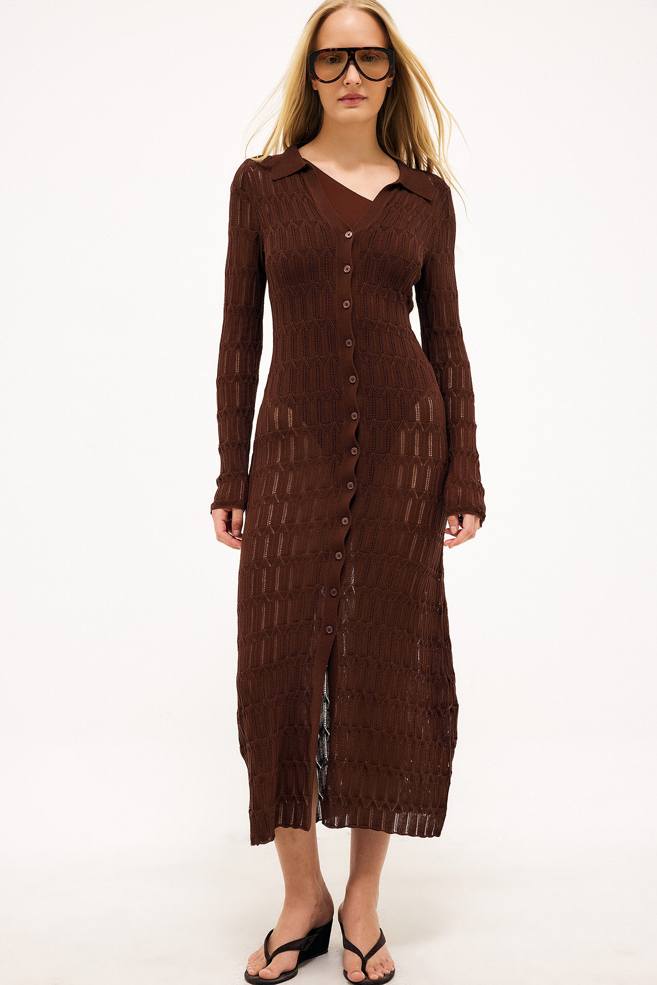 Knitted Pointelle Cardigan Maxi Dress - Knitted Dresses - Brown - XS - NA-KD / NAKD