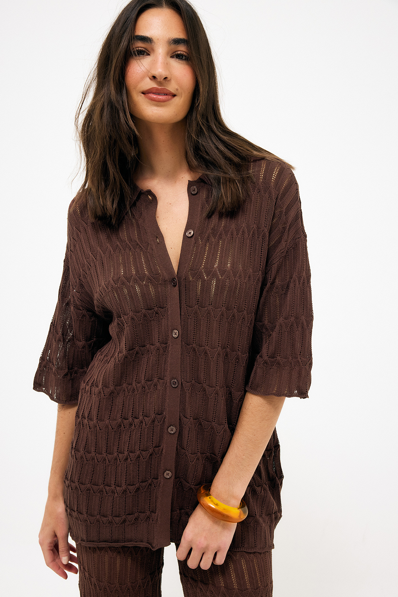 Camisa de punto pointelle oversize - Camisas - Brown - XS - NA-KD / NAKD