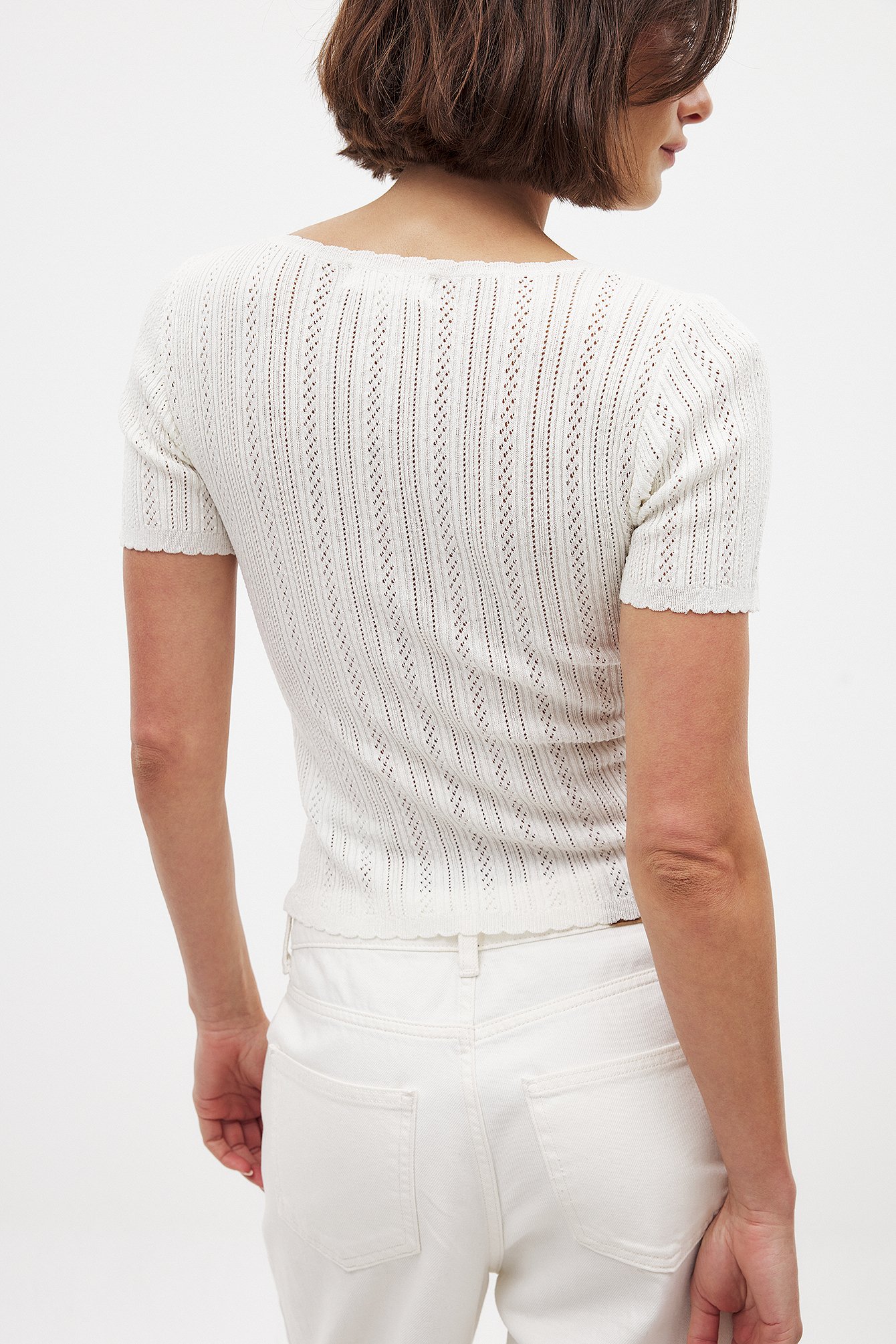 NA-KD Knitted Pointelle Short Sleeve Top - Knitted Tops - Offwhite - XS (EU 32) - NA-KD / NAKD