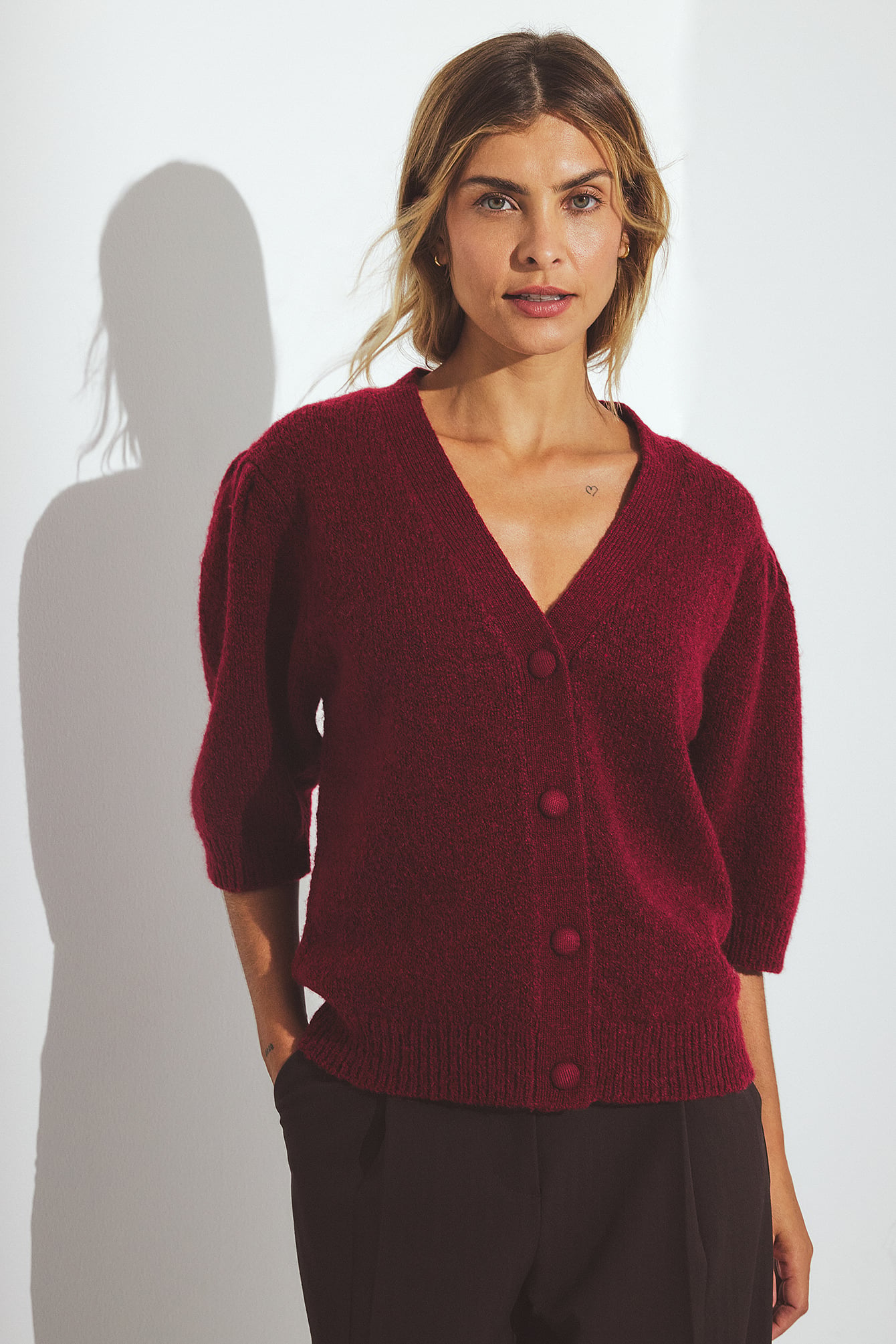 Strick-Cardigan aus Wollmischung mit Puffärmeln - Cardigans - Rot - M - NA-KD / NAKD