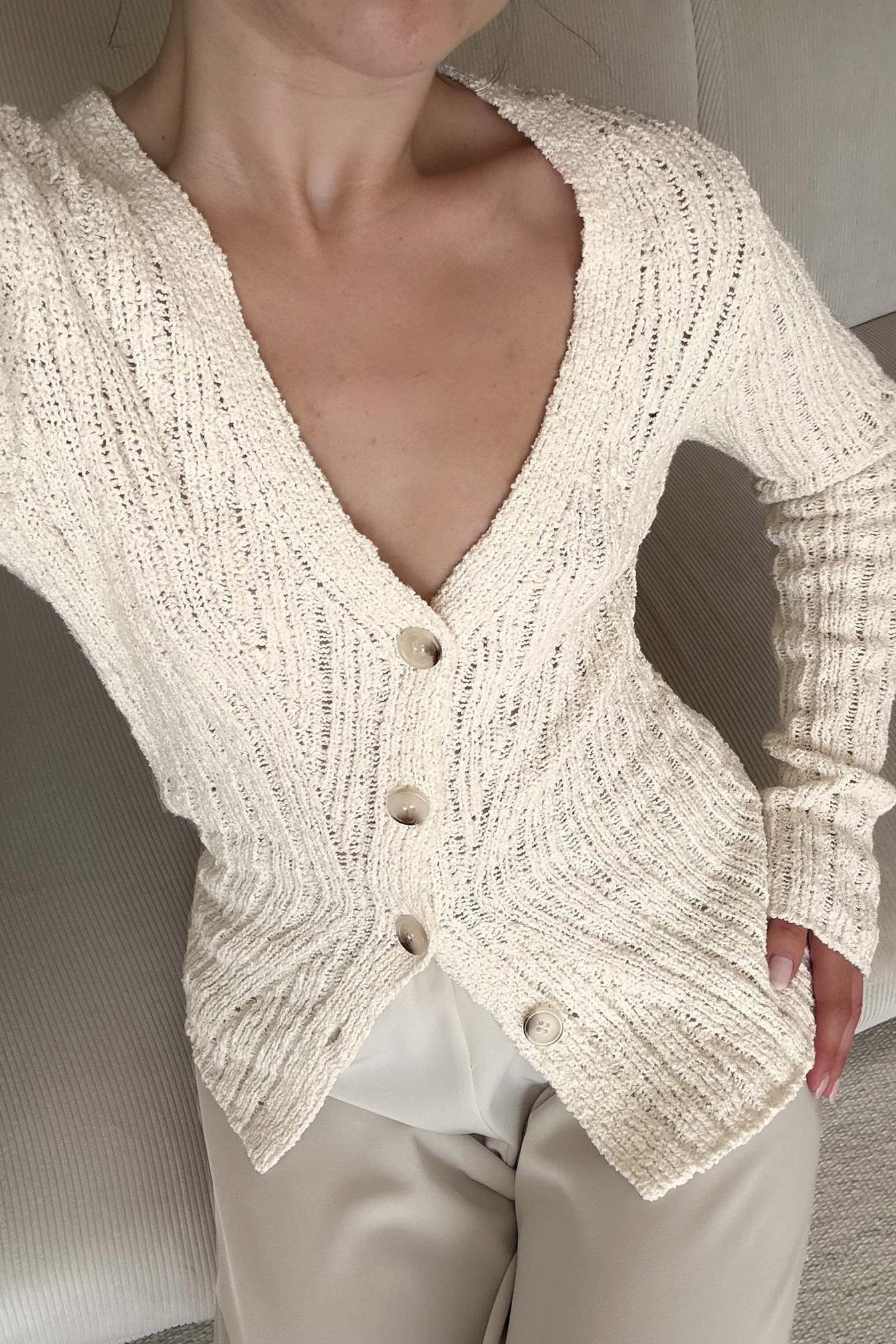 【NKNIT】wool rib KNIT shirt cardigan ① Knitted Rib Cardigan Beige | NA-KD