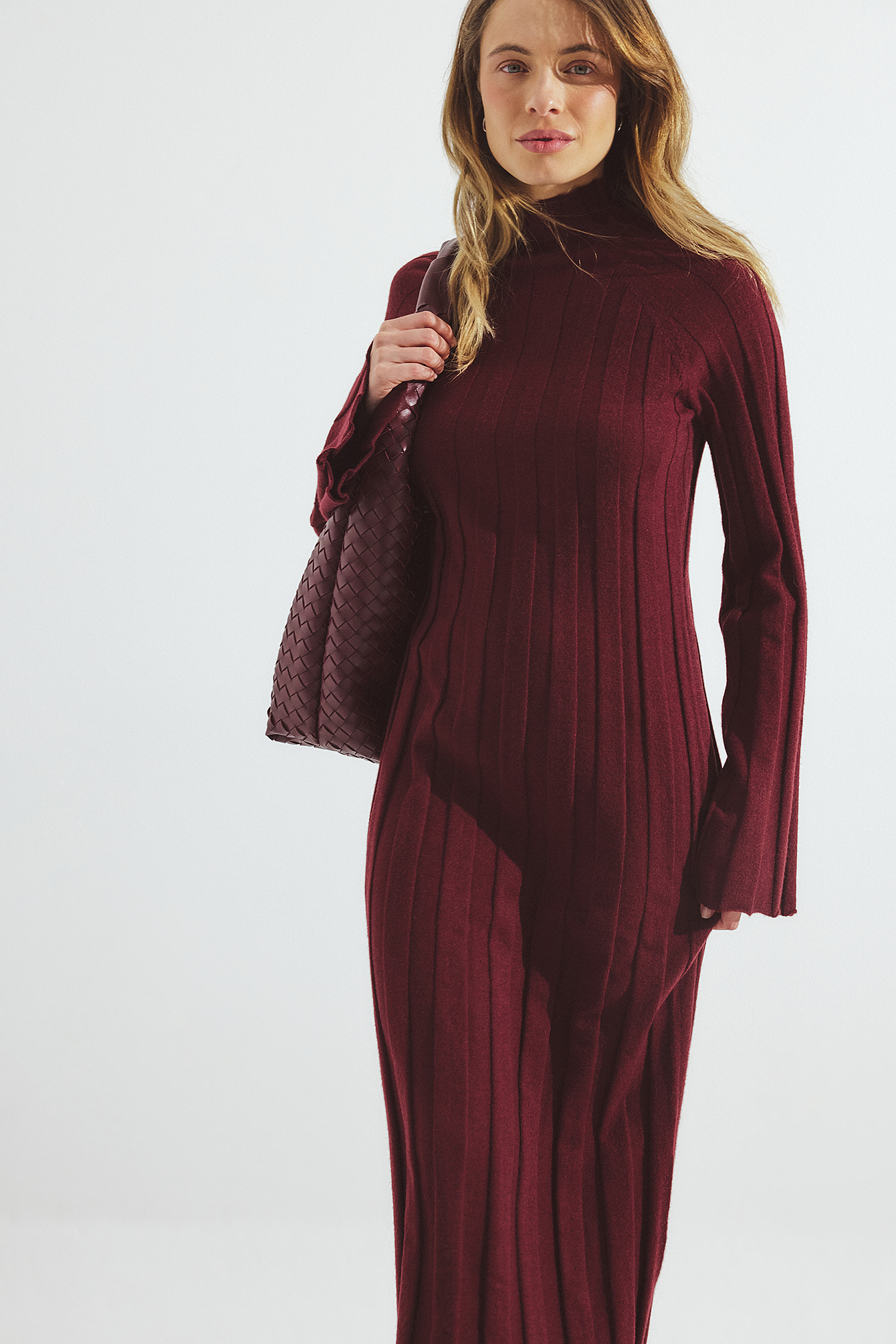NA-KD Knitted Ribbed Turtleneck Maxi Dress - Langærmede maxikjoler - Burgundy - XS (EU 32) - NA-KD / NAKD