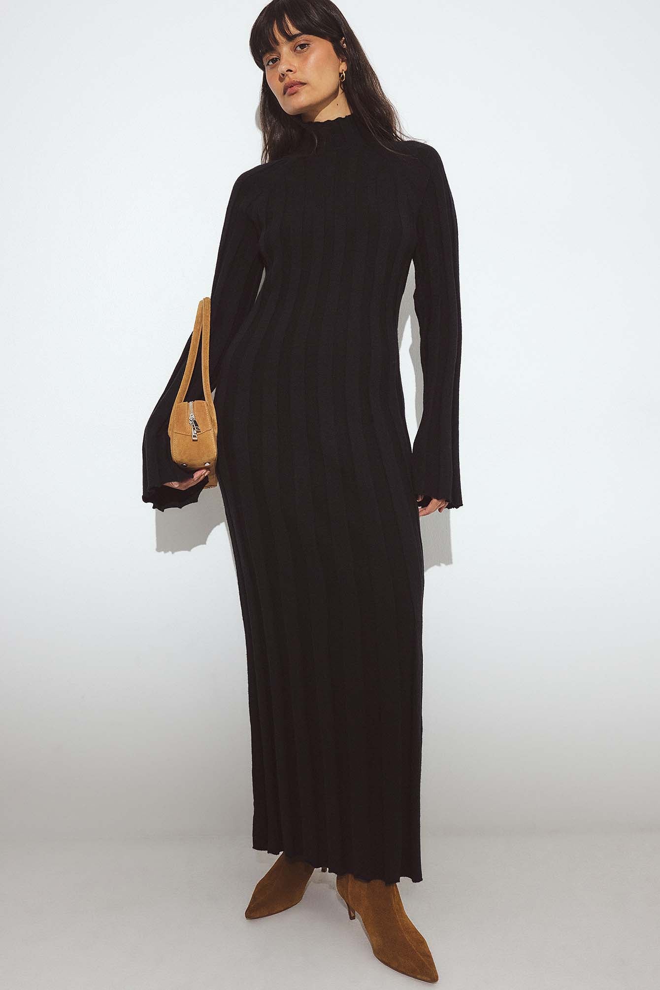 Knitted Ribbed Turtleneck Maxi Dress - Christmas Dresses - Black - L