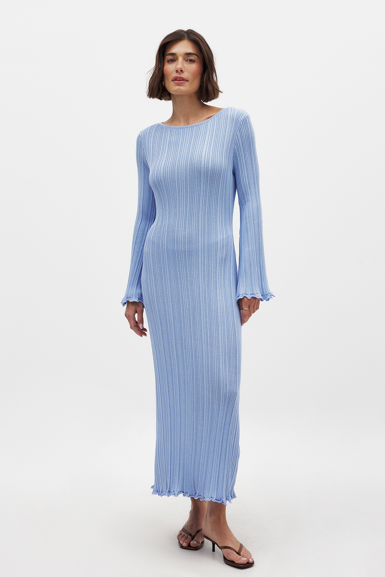 Knitted Round Neck Frill Maxi Dress - Christmas Dresses - Blue - S