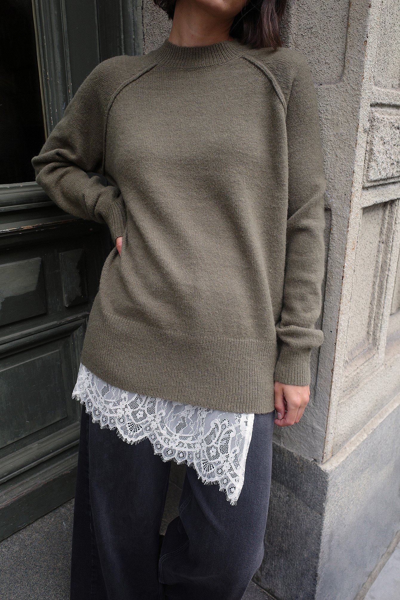 NA-KD Knitted Round Neck Wool Blend Sweater - Oversized Sweaters - Green - XL (EU 46) - NA-KD / NAKD