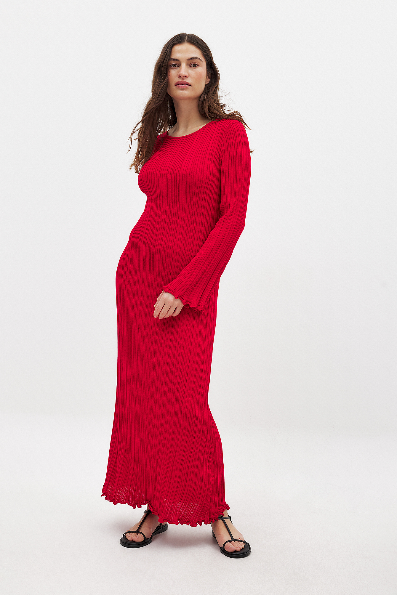 Knitted Round Neck Frill Maxi Dress - Christmas Dresses - Red - XS Knitted Round Neck Frill Maxi Dress - Christmas Dresses - Red - XS