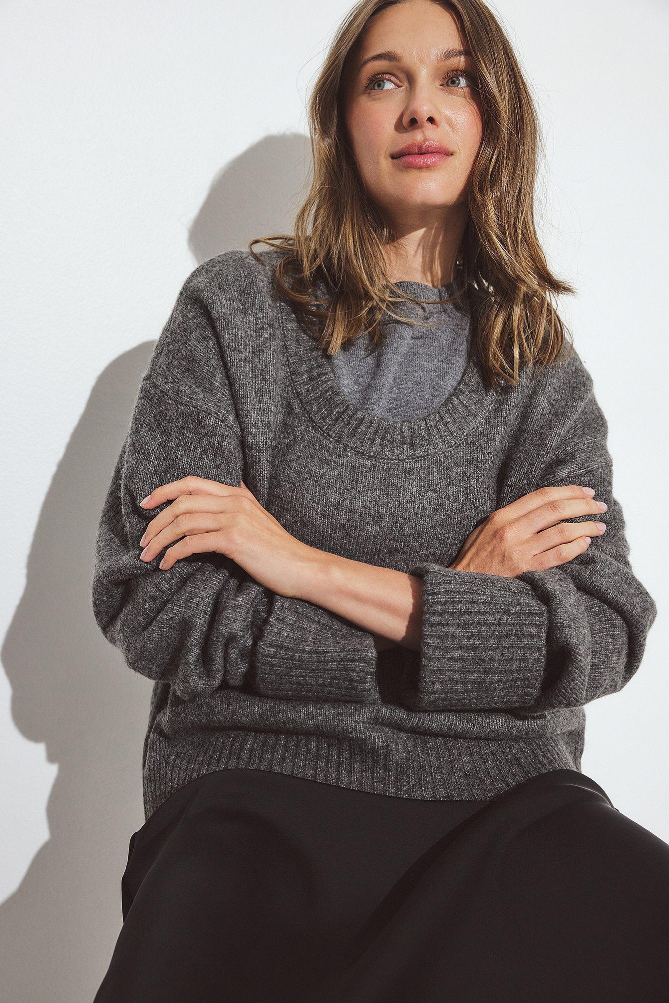 Knitted Scoop Neck Wool Blend Sweater Grey | NA-KD