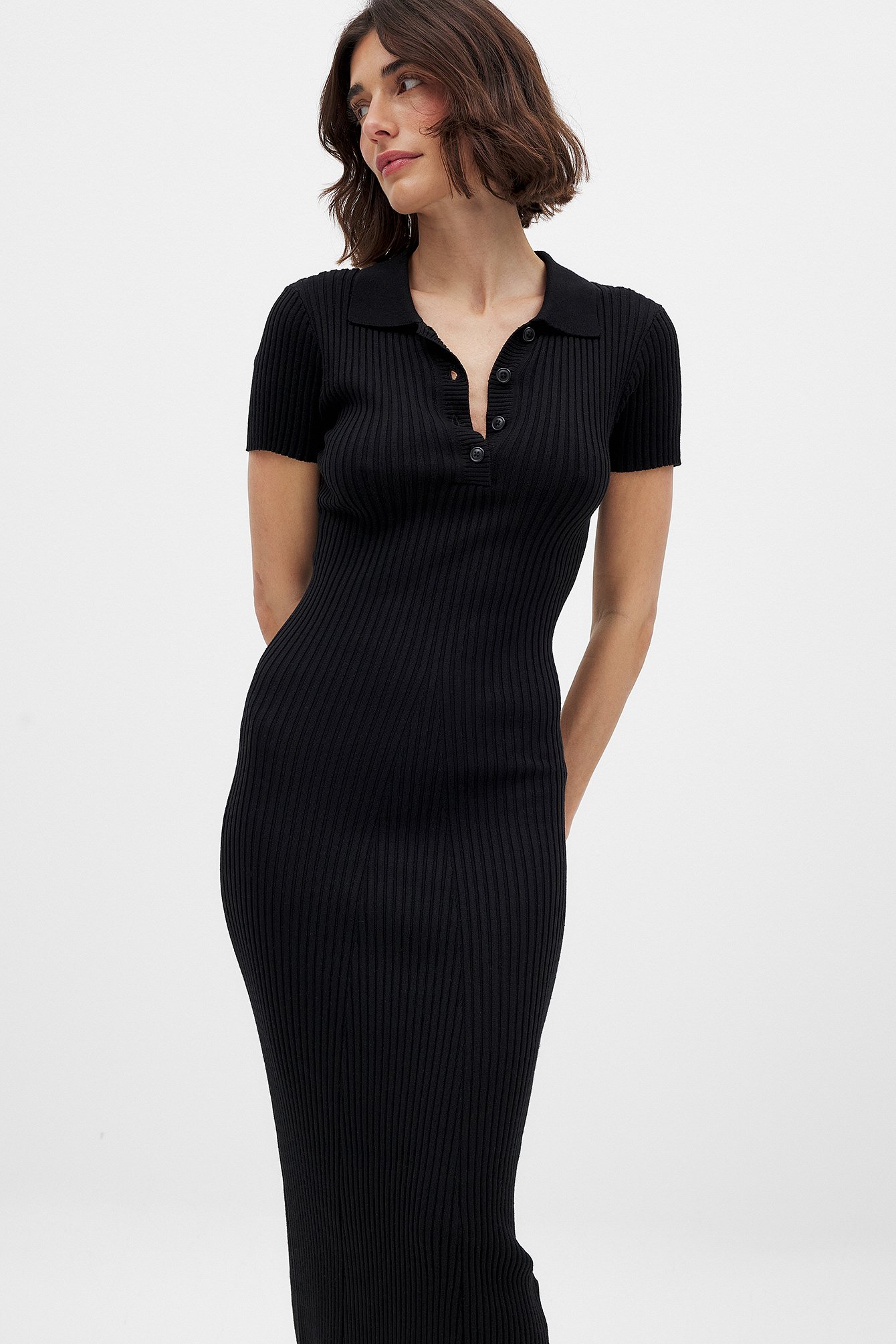Knitted Short Sleeve Button Dress Black | NA-KD Knitted Short Sleeve Button Dress Black | NA-KD