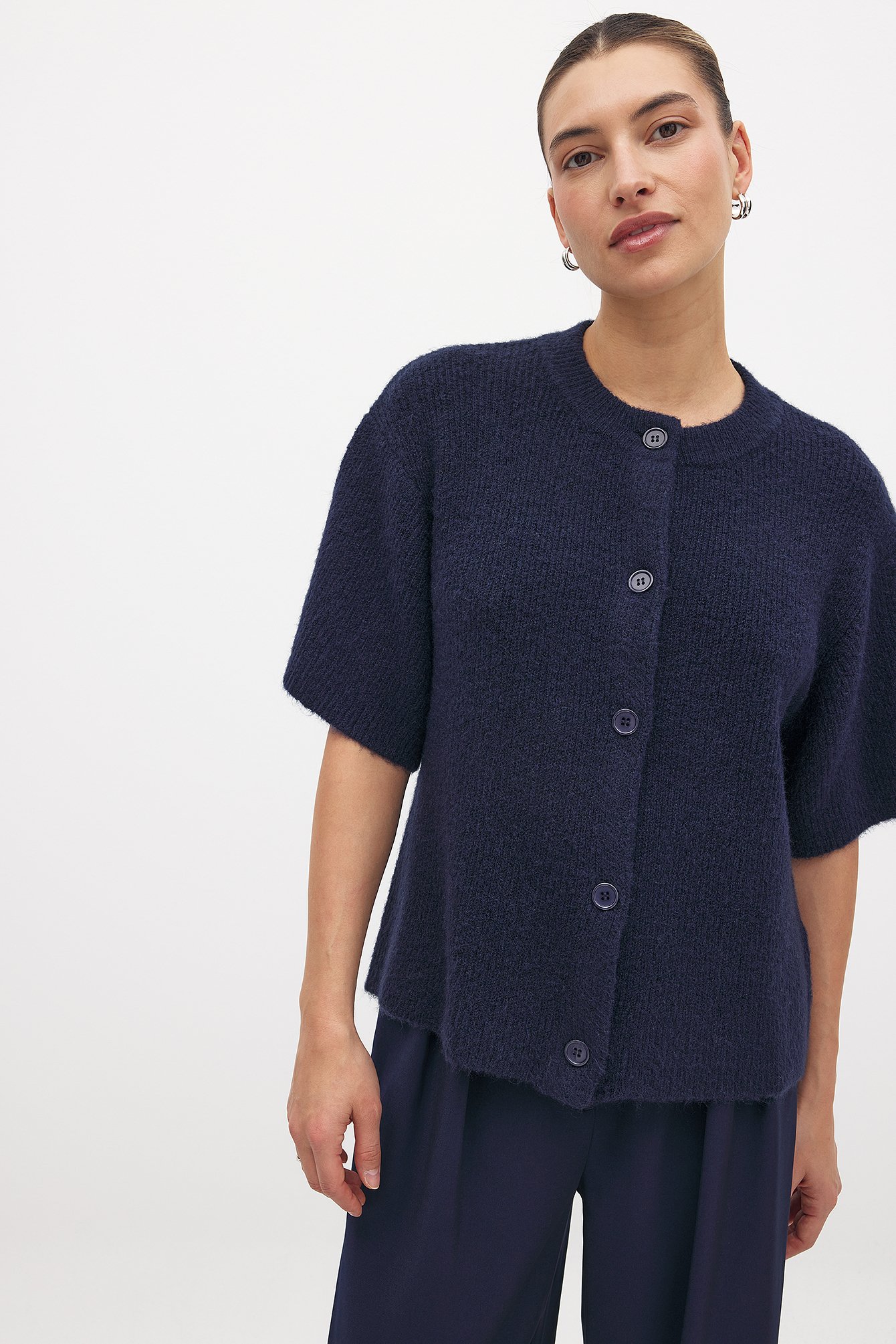 NA-KD Cardigan en maille à manches courtes - Pulls Oversize - Bleu Marine - XL (EU 46) - NA-KD / NAKD