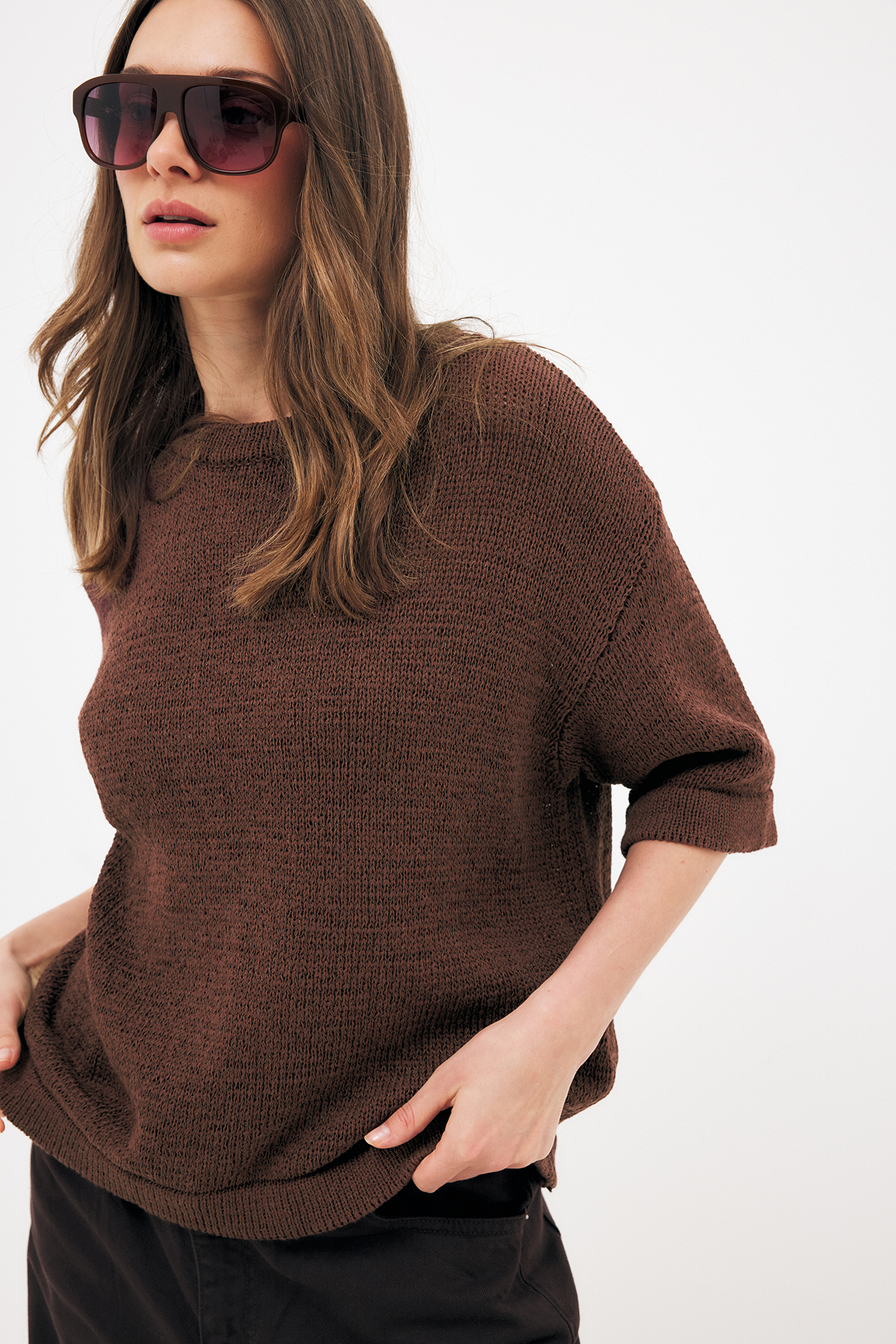 kurzärmeliger Strickpullover - Feinstrickpullover - Braun - XS - NA-KD / NAKD