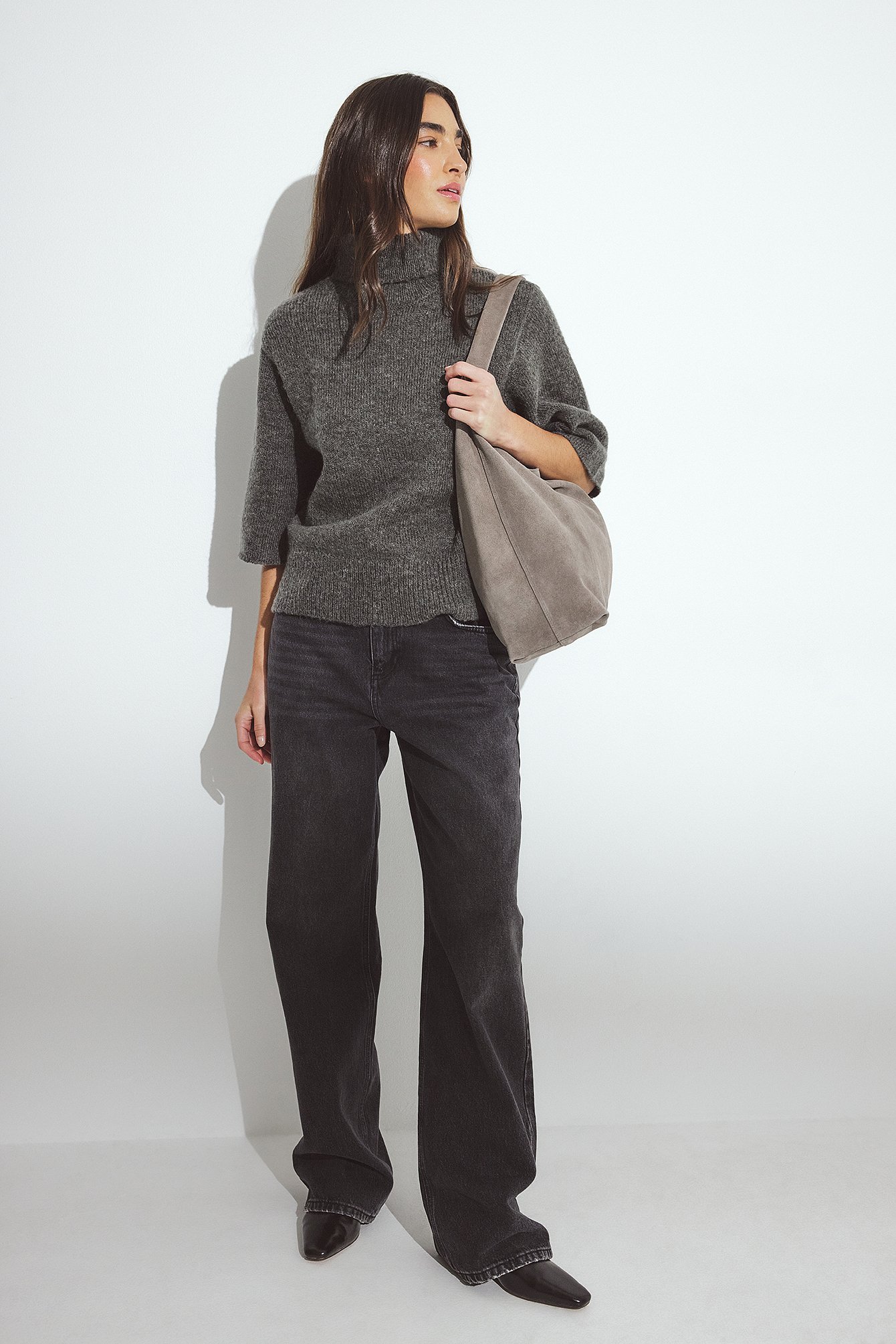 NA-KD Knitted Short Sleeve Wool Blend Sweater - Turtleneck Sweaters - Grey - L (EU 42-44) - NA-KD / NAKD