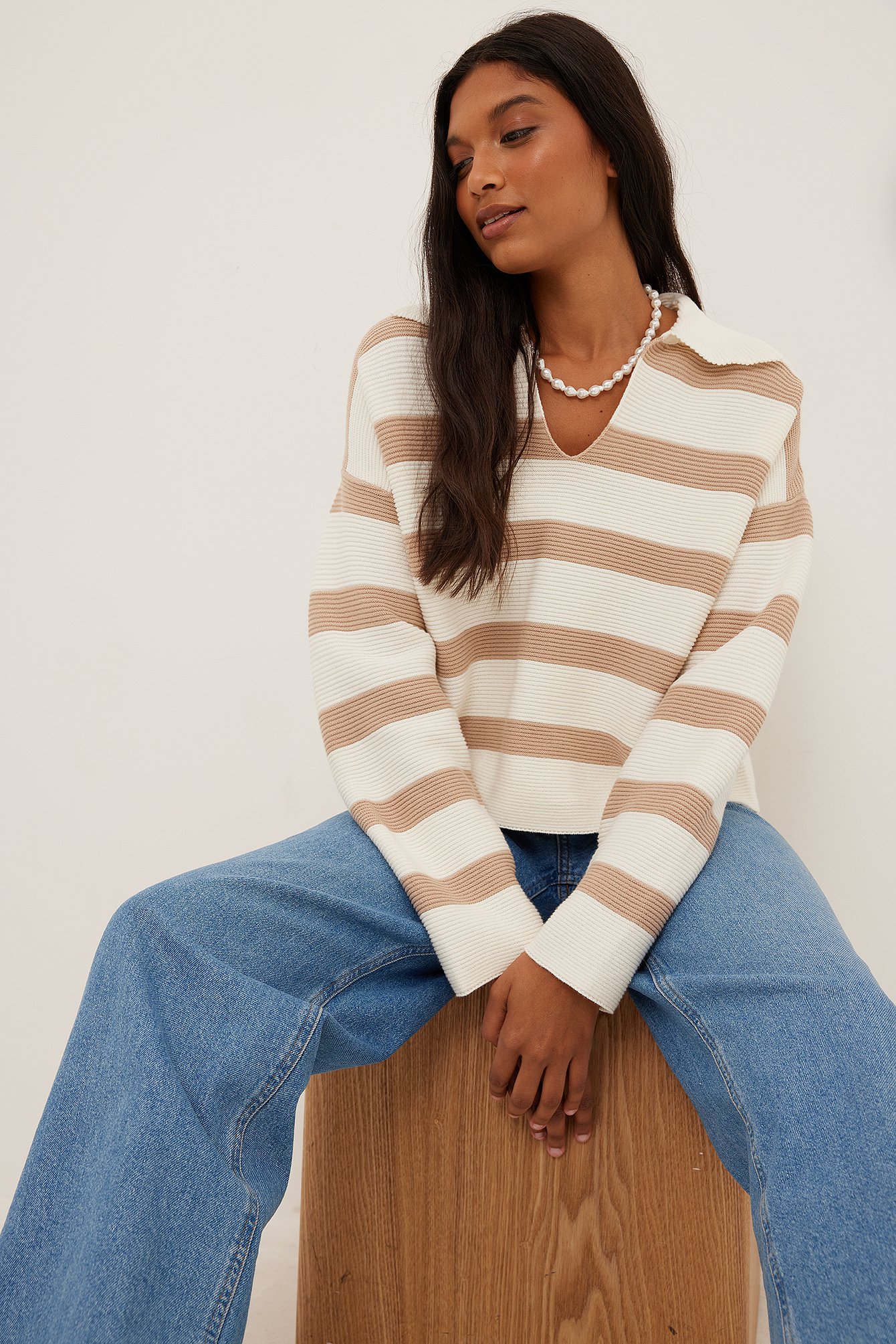 Beige/Cream Knitted Striped V-neck Sweater