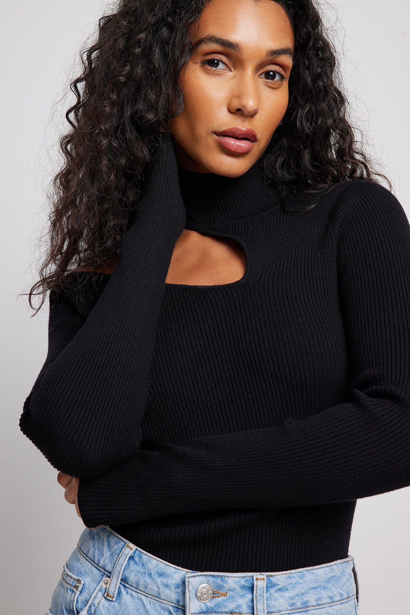 Black Knitted Turtle Neck Cut Out Detail Sweater
