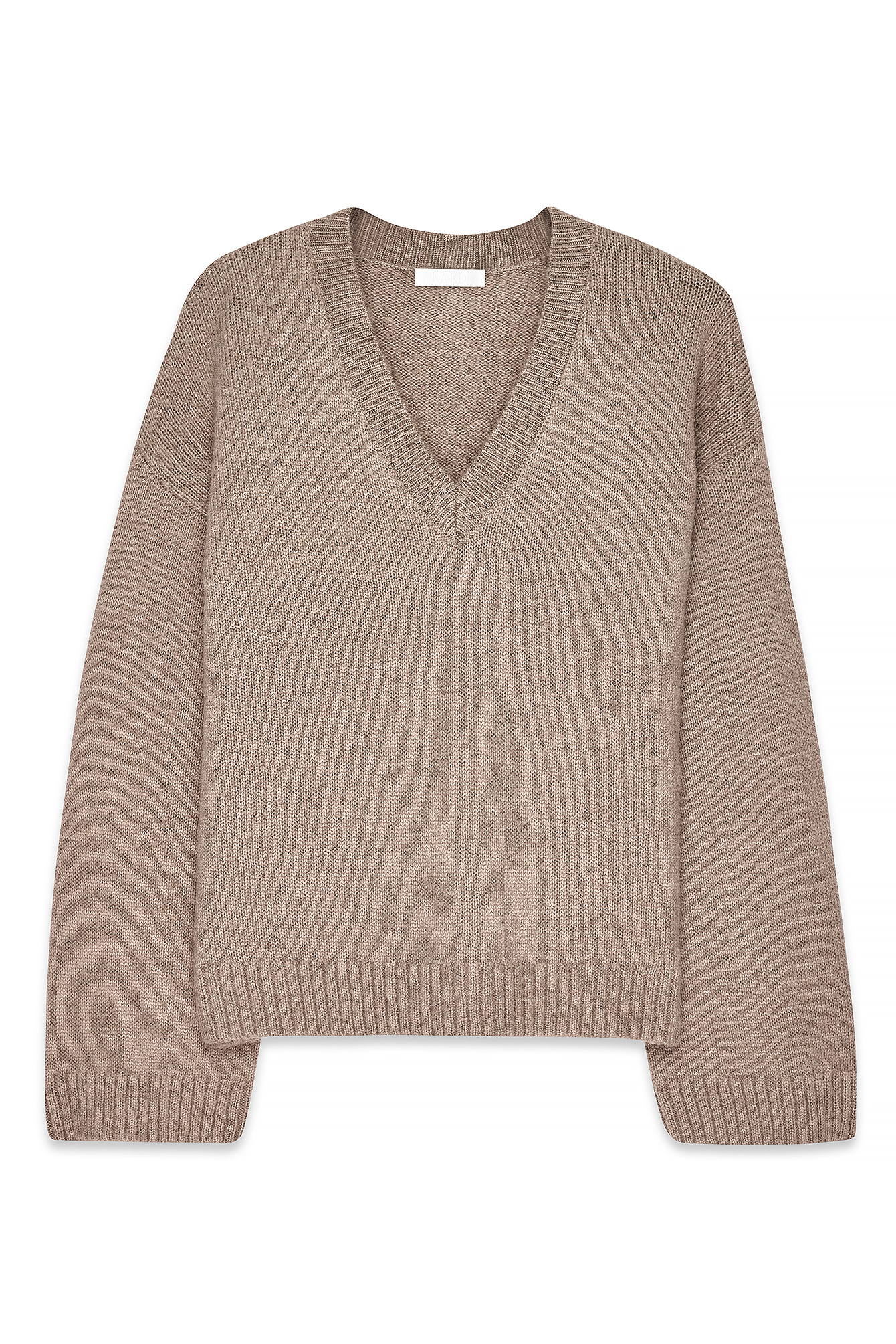 Beige Melange Pull en maille de laine à col en V