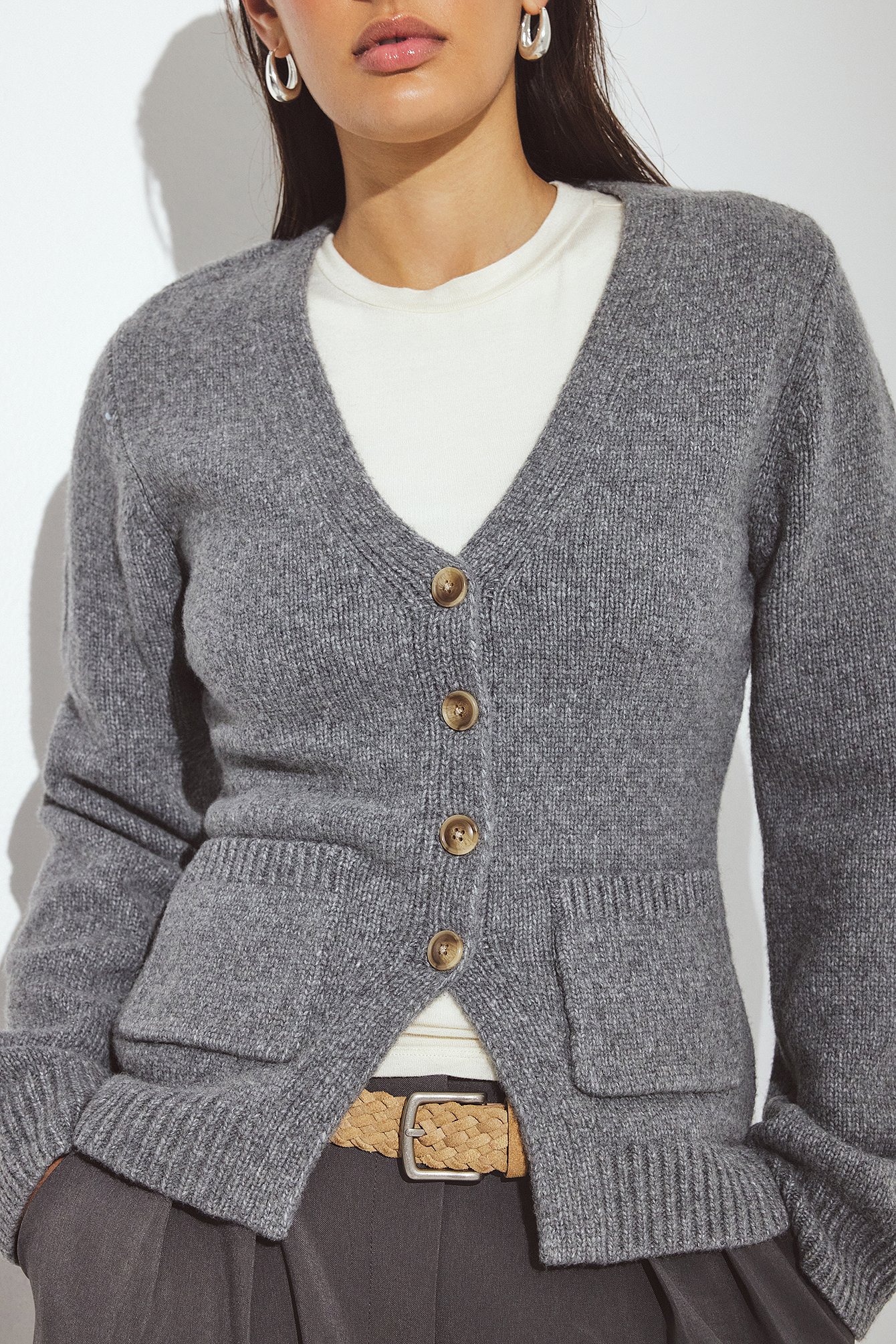 NA-KD Knitted Wool Blend Fitted Cardigan - Cardigans - Grey - XS (EU 32) - NA-KD / NAKD