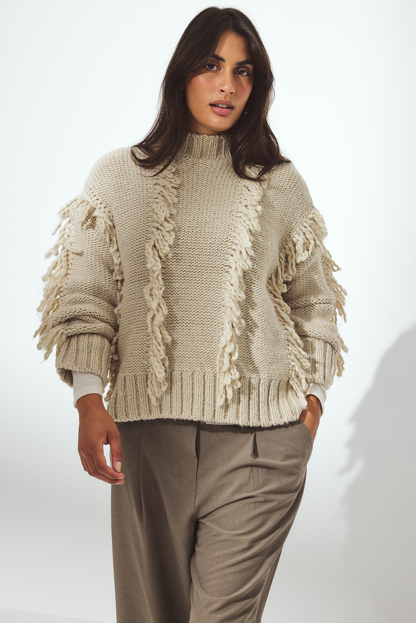 NA-KD Knitted Wool Blend Loop Sweater - Oversized Sweaters - Beige - S (EU 34-36) - NA-KD / NAKD