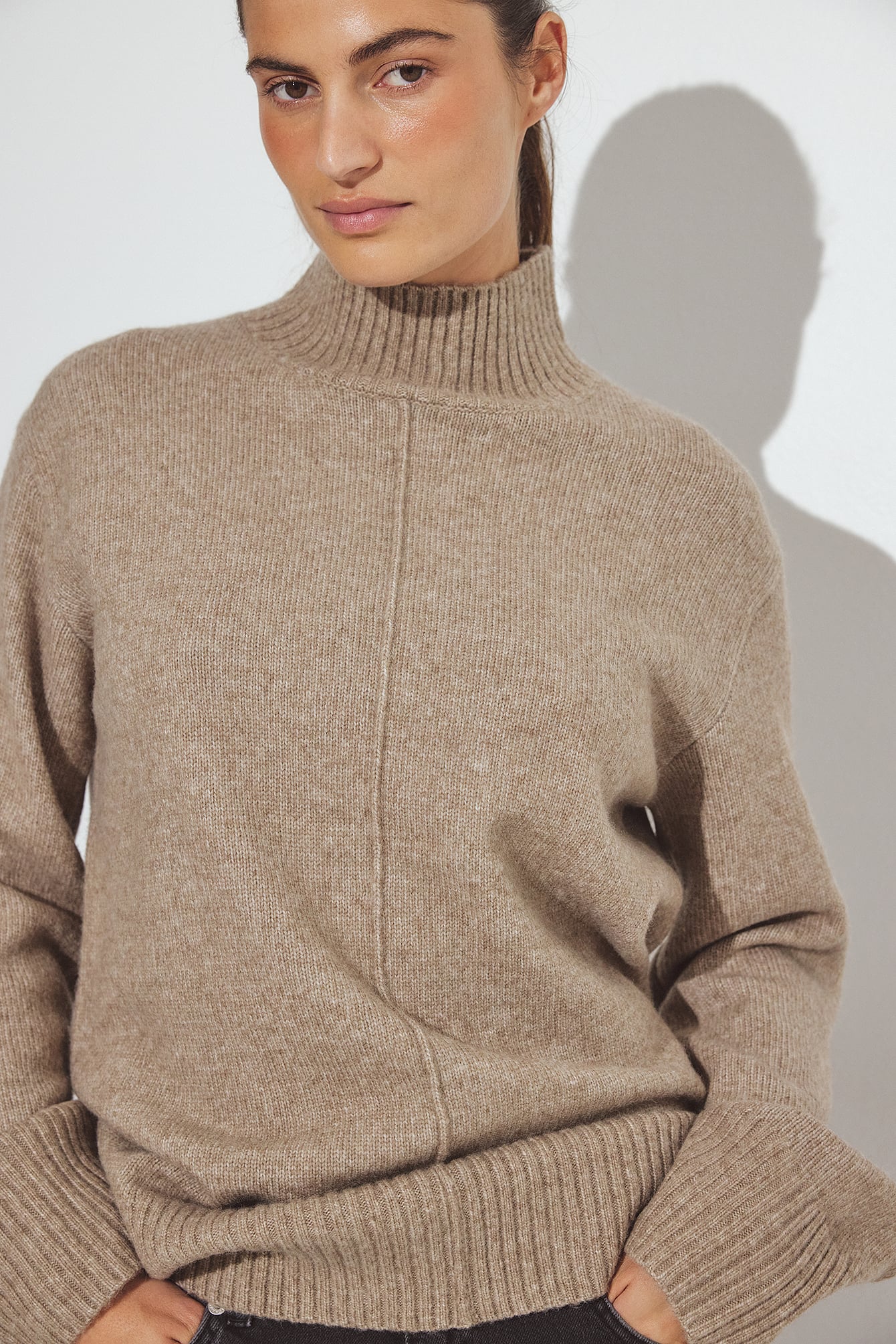 Knitted Wool Blend Seam Detail Sweater - Sweaters - Beige - M - NA-KD / NAKD
