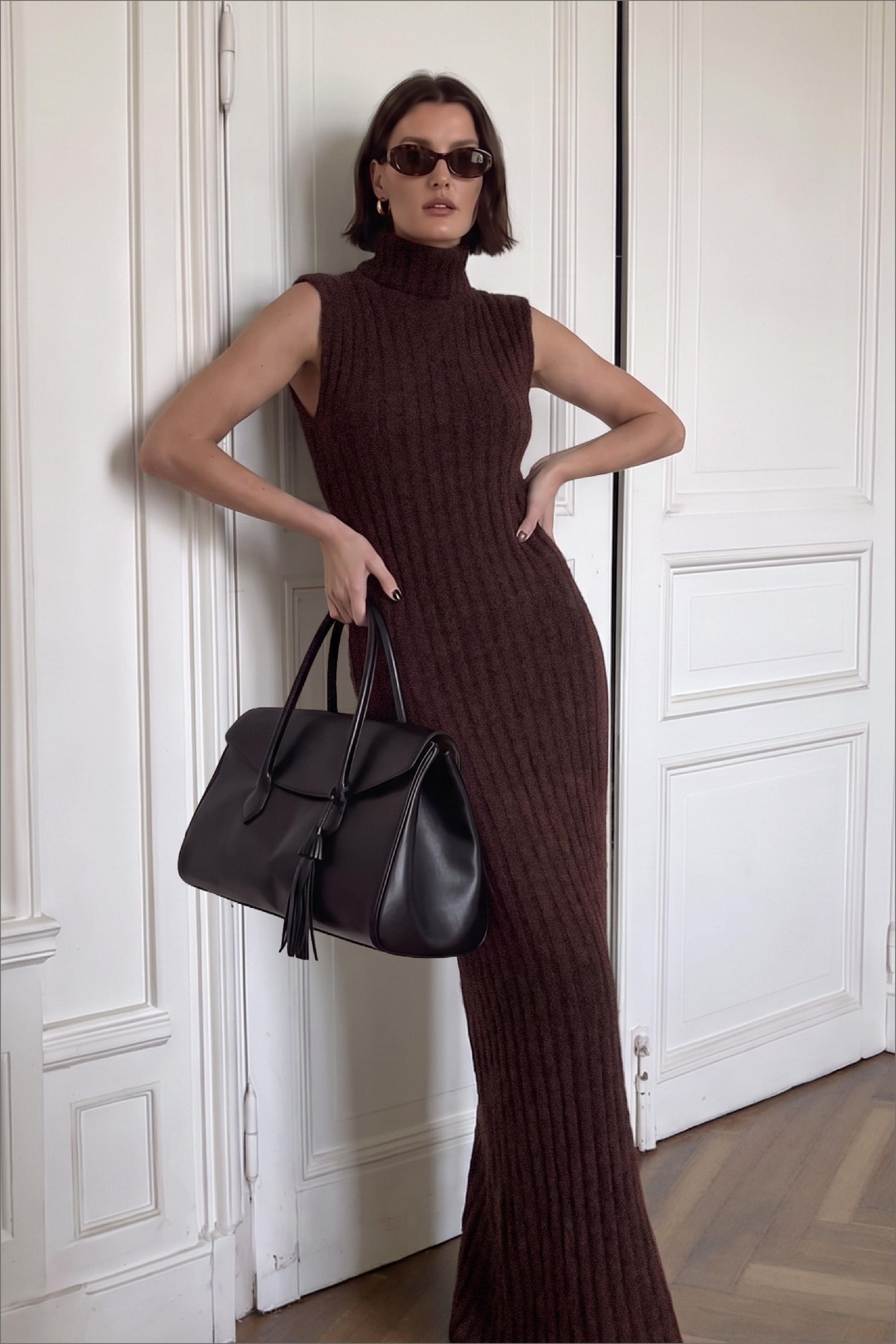 Knitted Wool Blend Turtleneck Maxi Dress - Fall Dresses - Brown