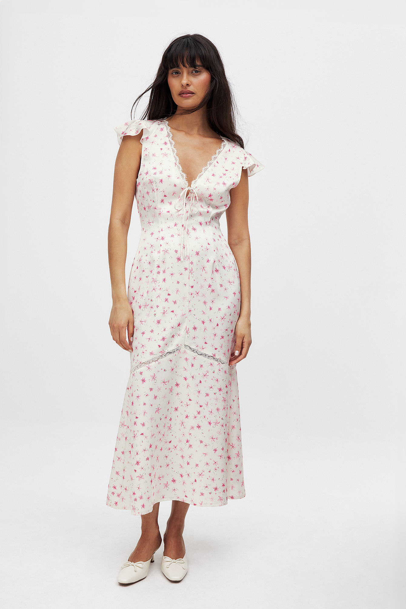 NA-KD Lace Insert Frill Sleeve Midi Dress - Spring Dresses - Flower - EU 42 - NA-KD / NAKD