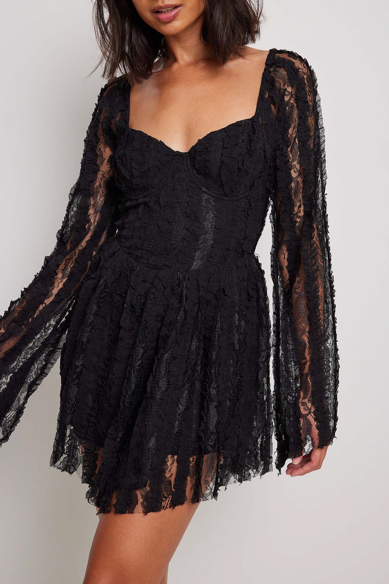 NA-KD Boho Lace Structured Mini Dress - Black