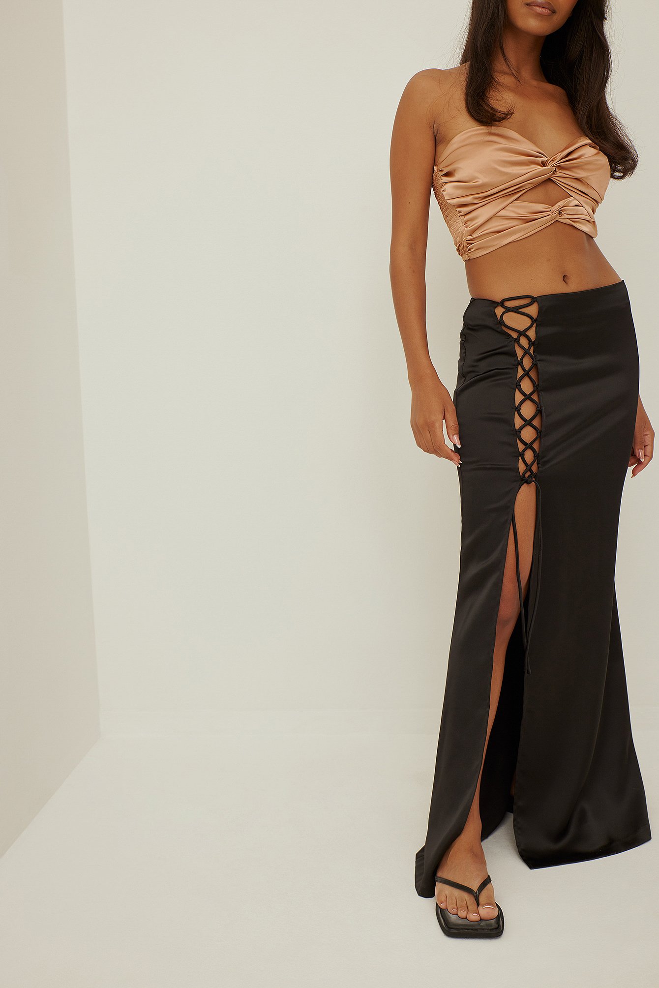 Black Lacing Detail Maxi Satin Skirt