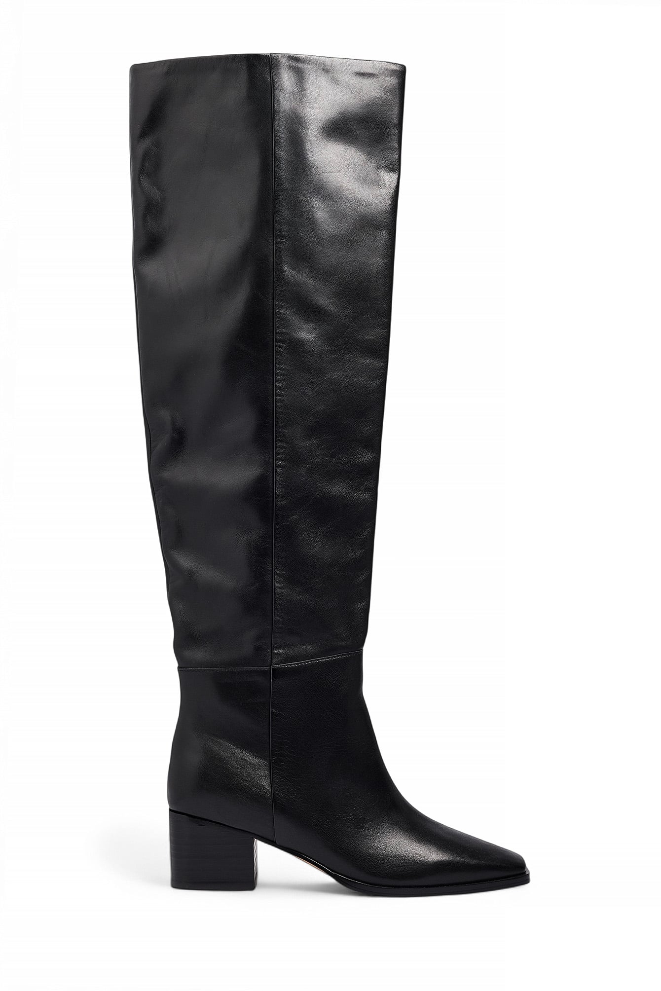 Black Leather Block Heel Straight Boots
