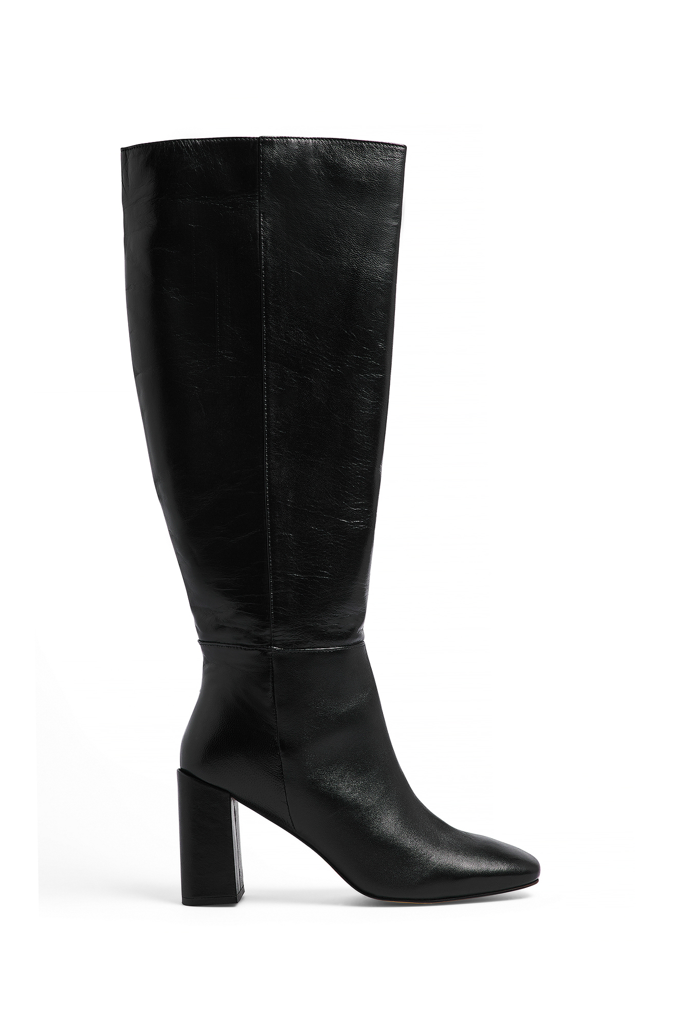 Kalia Lock Detail Block Heel Knee High Boot In Black Faux Leather | EGO UK | EGO