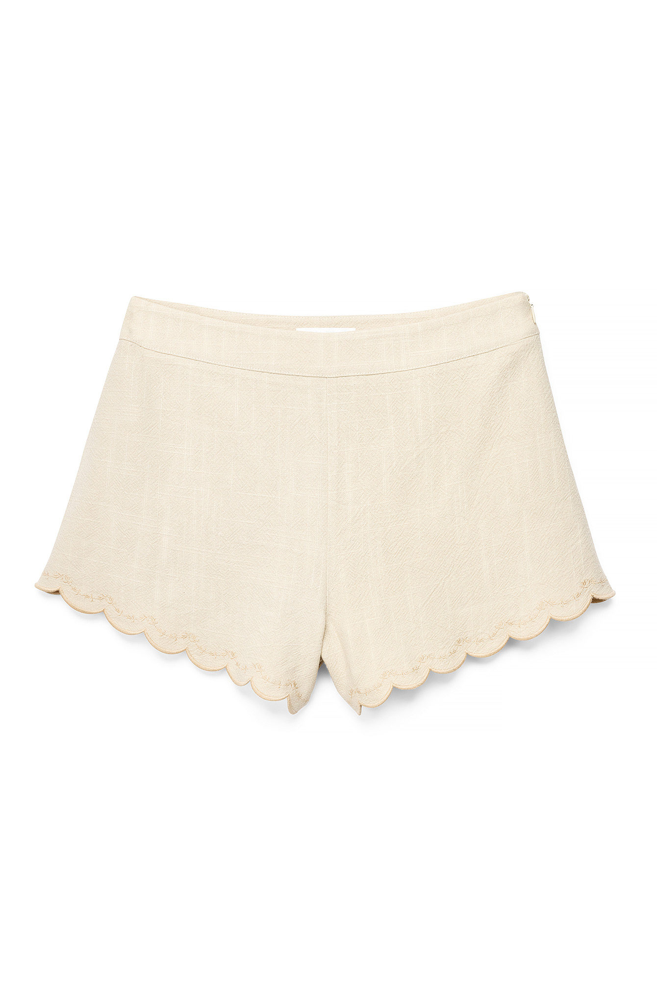 Beige Linen Blend Embroidery Mini Shorts