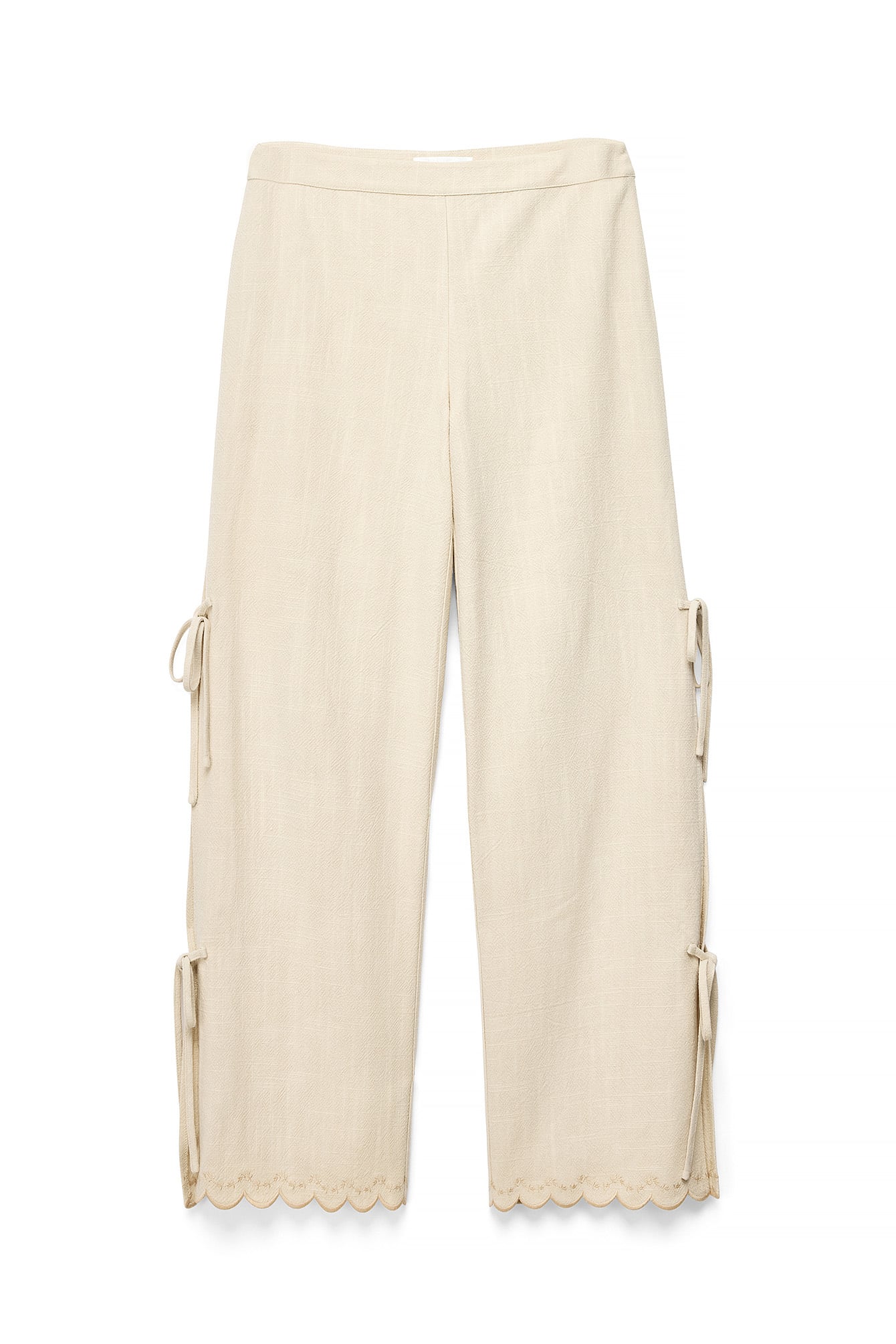 Beige Linen Blend Embroidery Trousers
