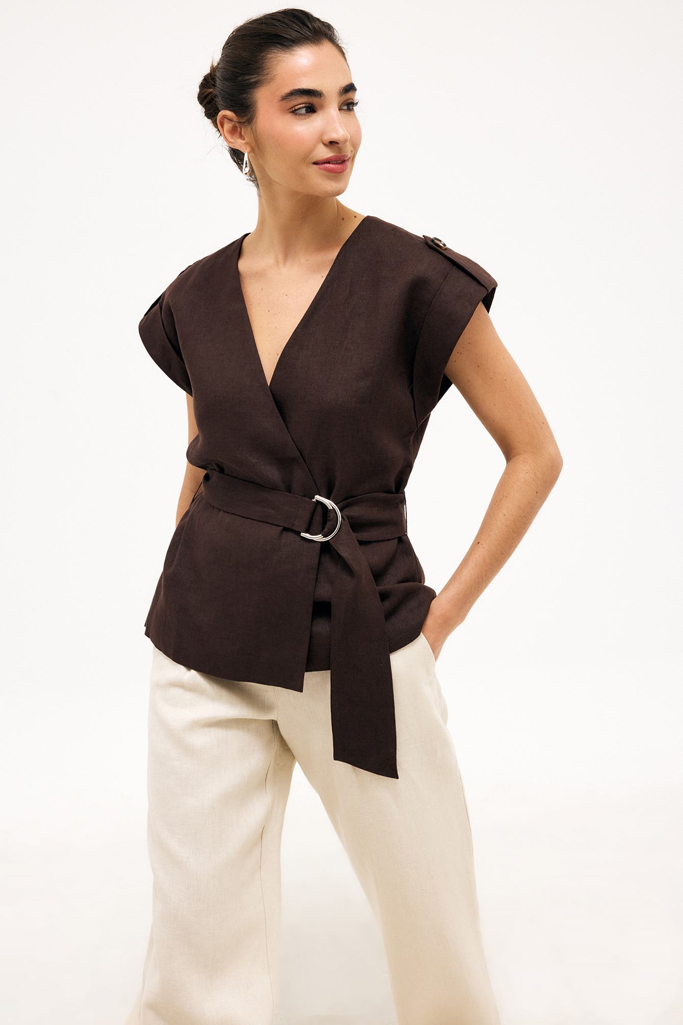 Premium Selection Linen Belted Wrap Vest Top - Wrap Tops - Brown - EU 40 - NA-KD / NAKD