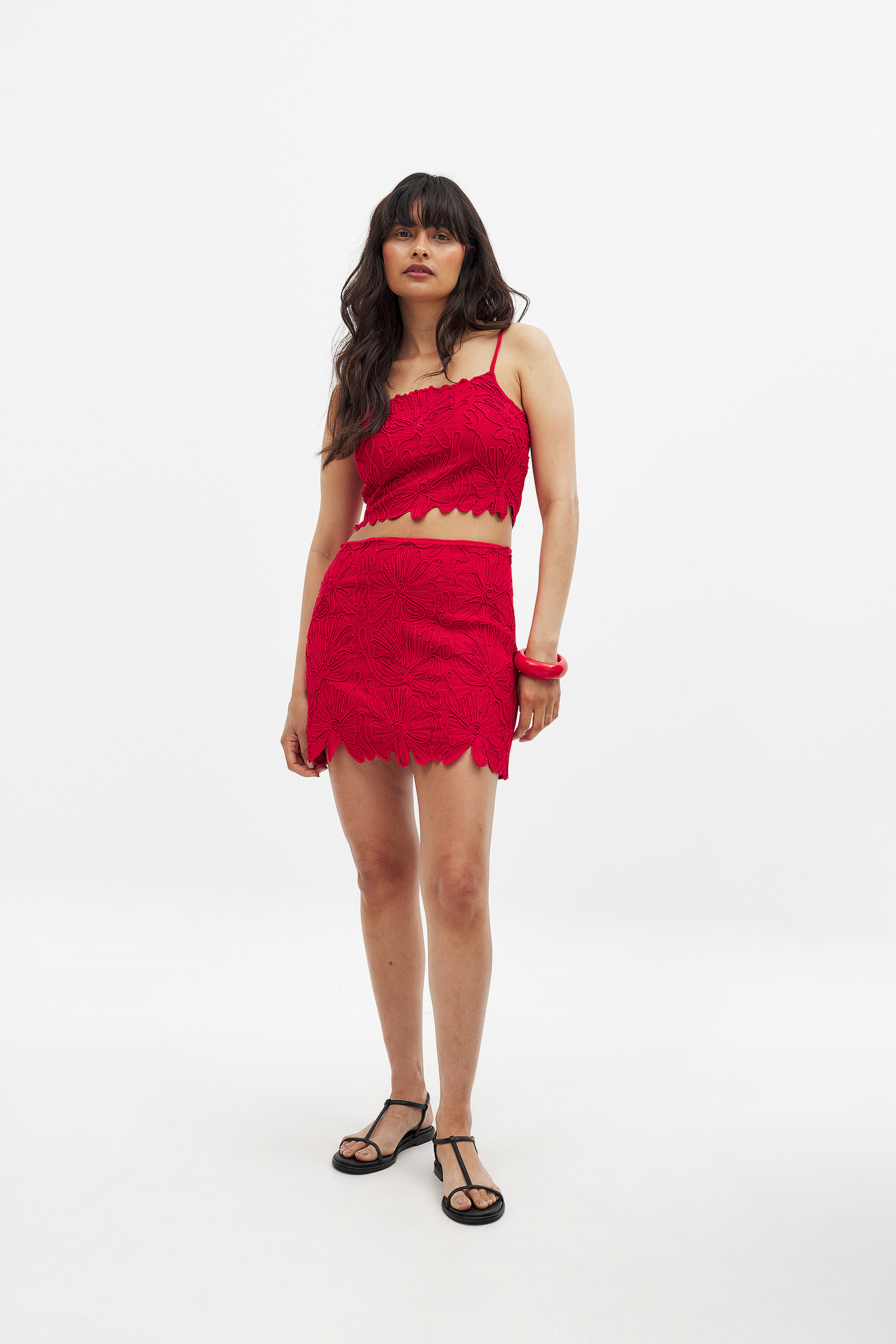 Handpicked x NA-KD Linen Blend Anglaise Detail Mini Skirt - Summer Sets - Red - EU 36 - NA-KD / NAKD
